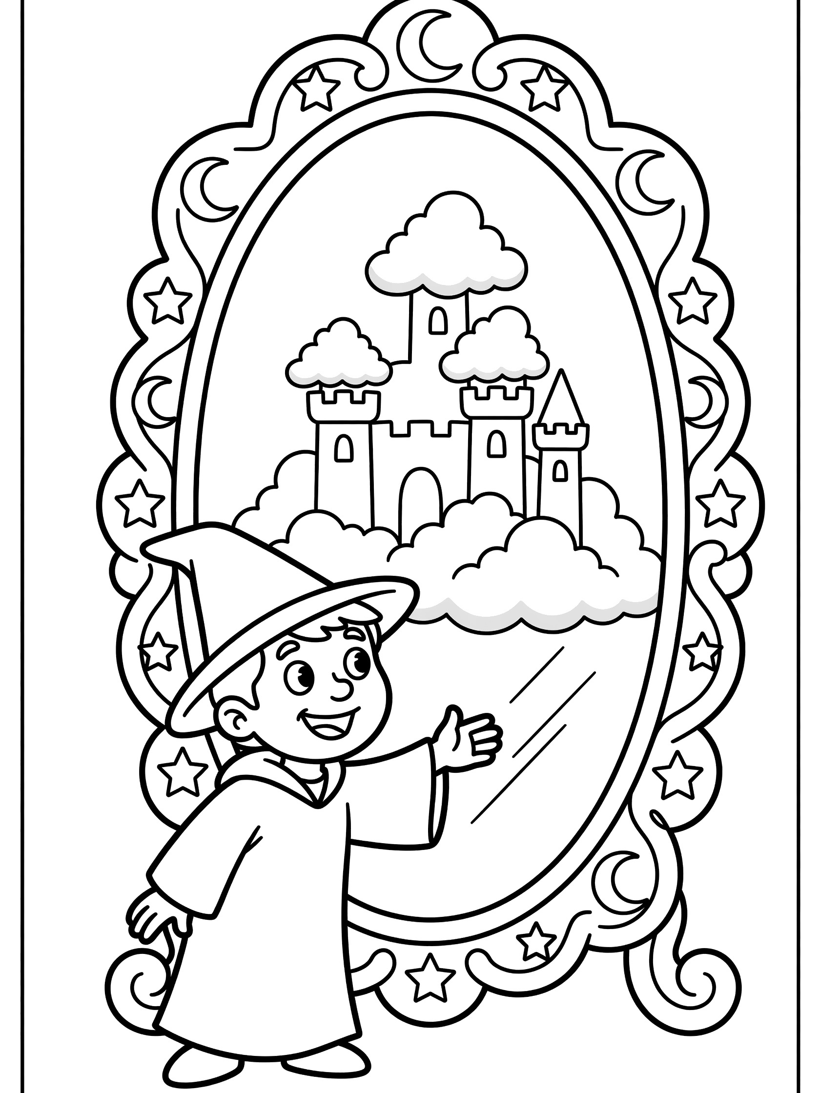 Black and white line art coloring page showing a young wizard boy with pointed hat and robe pointing at a tall ornate mirror framed with stars and moons. A castle made of clouds with towers is reflected inside the mirror.