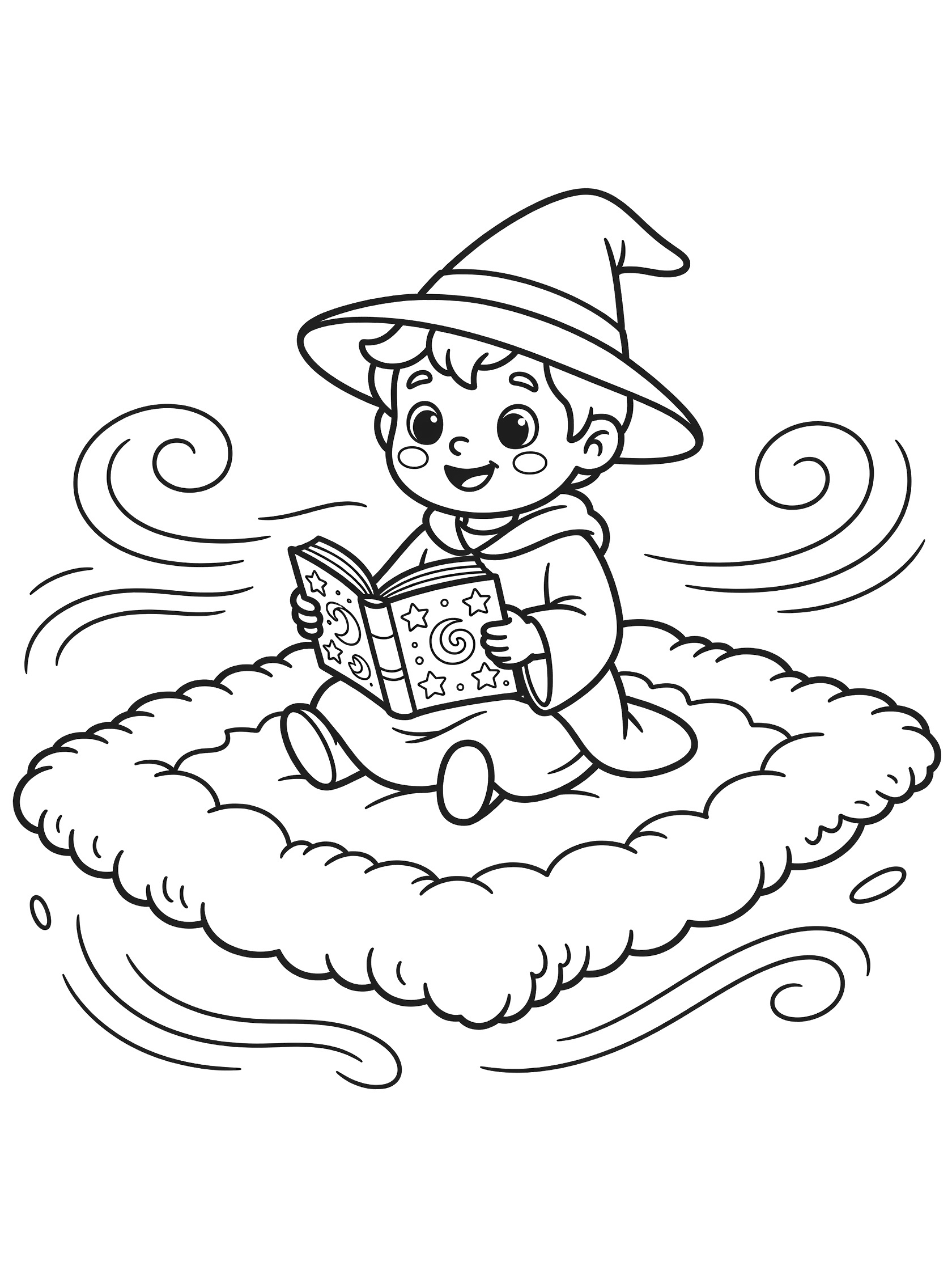 Black and white line art of a happy wizard boy in a hat holding an open spellbook on a fluffy flying carpet with wind swirls and stars.