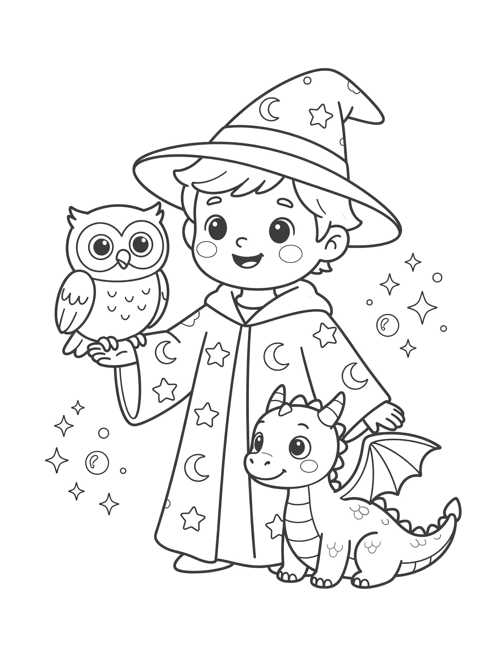 Black and white coloring page of a boy wizard in a starry hat and robe holding an owl on his arm with a small dragon sitting nearby and floating sparkles. Wizards themed black and white printable line art