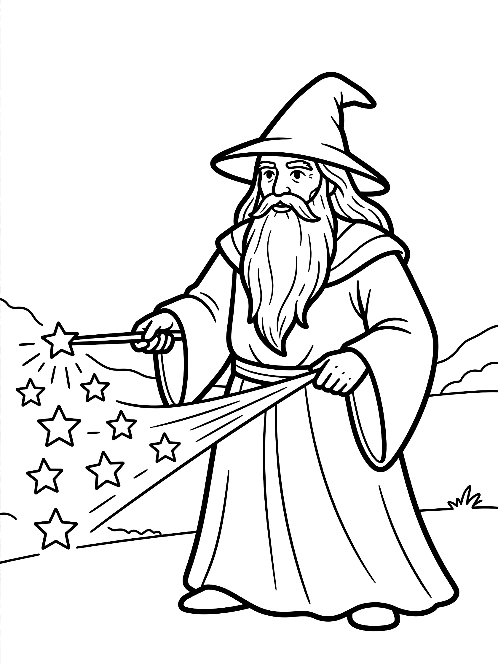 Black and white line art coloring page showing an elder wizard in robe and tall hat holding a wand that shoots stars, with simple ground lines. Magic Wand themed black and white printable line art