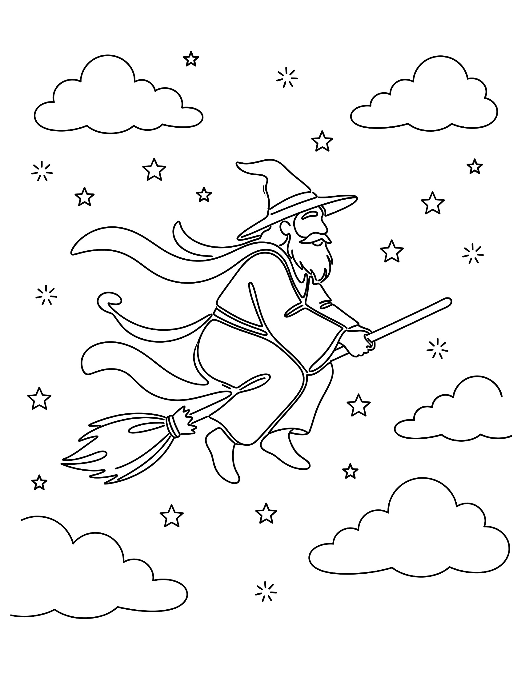 Black and white line art coloring page showing a bearded wizard in a pointy hat flying on a broomstick with trailing robe, surrounded by fluffy clouds and twinkling stars. Wizards themed black and white printable line art