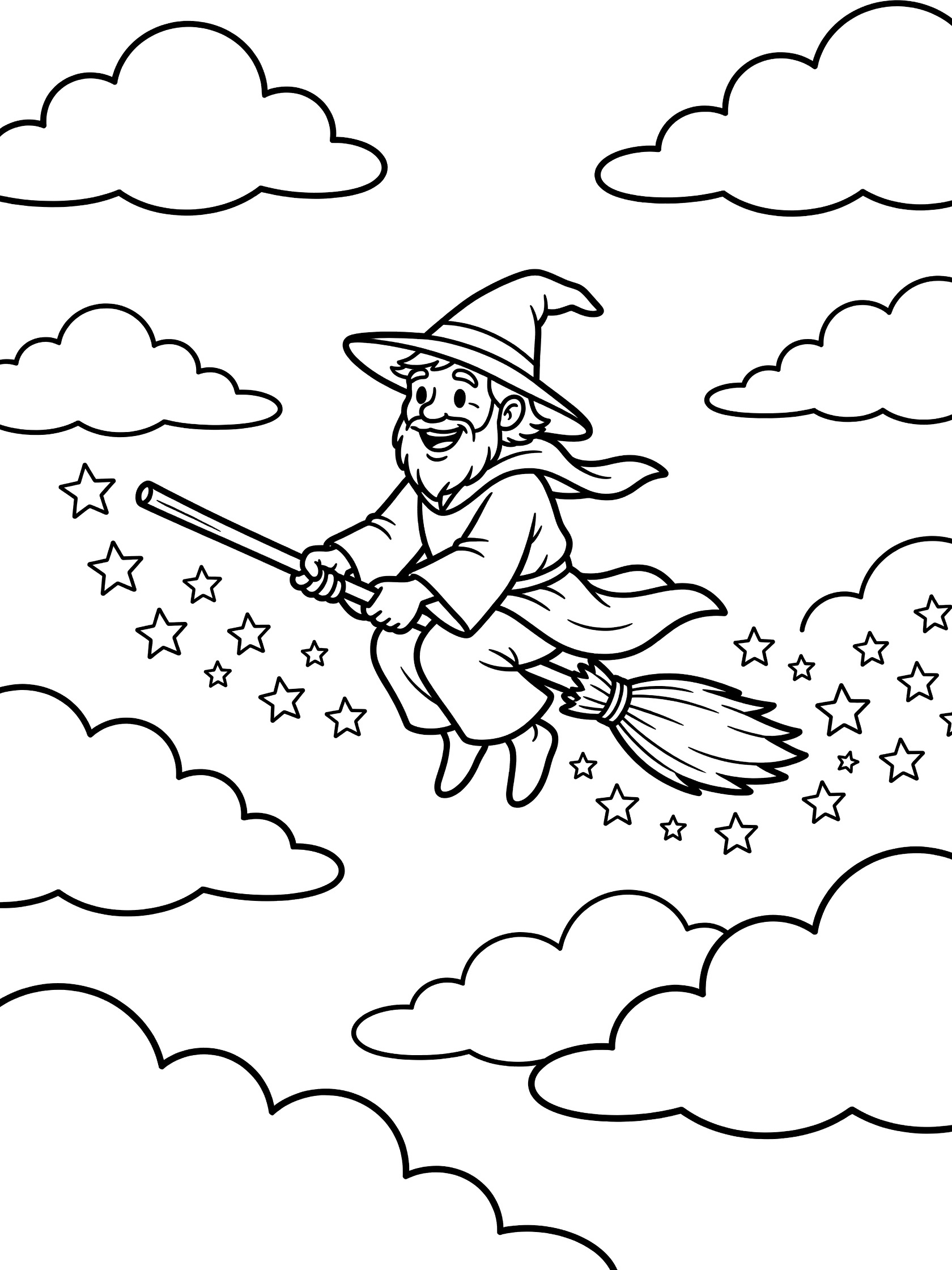 Black and white line art coloring page showing a smiling wizard with hat and beard riding a broomstick in the sky surrounded by clouds and stars.