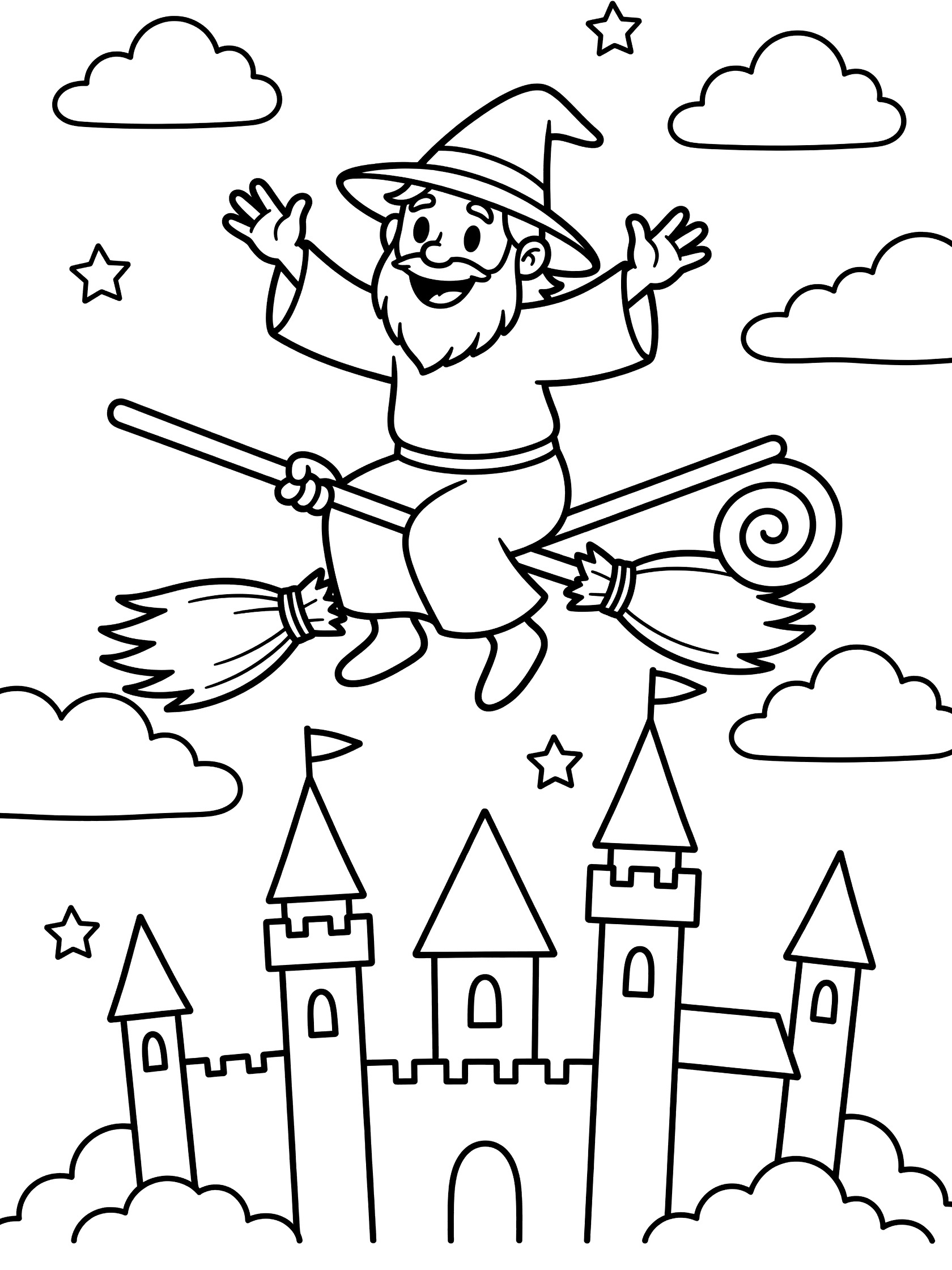 Black and white line art coloring page showing a cheerful bearded wizard in a pointed hat riding a broomstick with curly tail, waving happily above a castle with towers and flags, surrounded by fluffy clouds and stars. Wizard School themed black and white printable line art