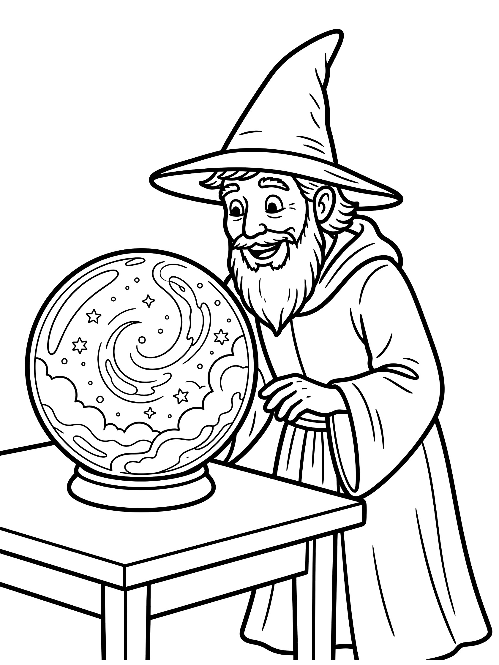 Black and white line art coloring page showing a wizard with tall pointed hat, beard, and robe leaning over a table to look into a round crystal ball filled with clouds and stars.