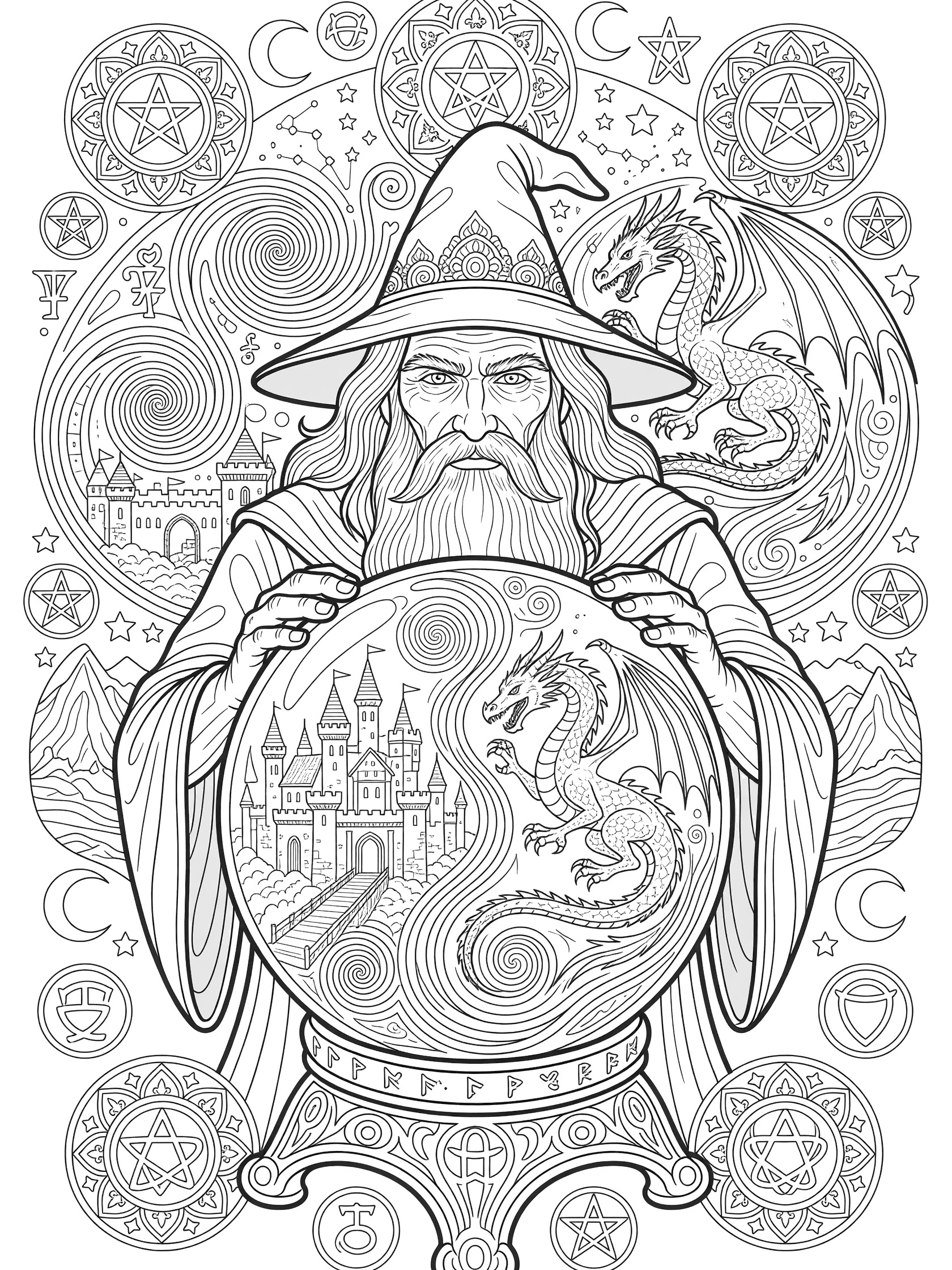 Black and white line art coloring page showing a bearded wizard in a pointed hat holding a large crystal ball on a stand. Inside the ball are swirling visions of castles, dragons, and mountains. Surrounded by moons, stars, and mystical patterns. Wizards themed black and white printable line art