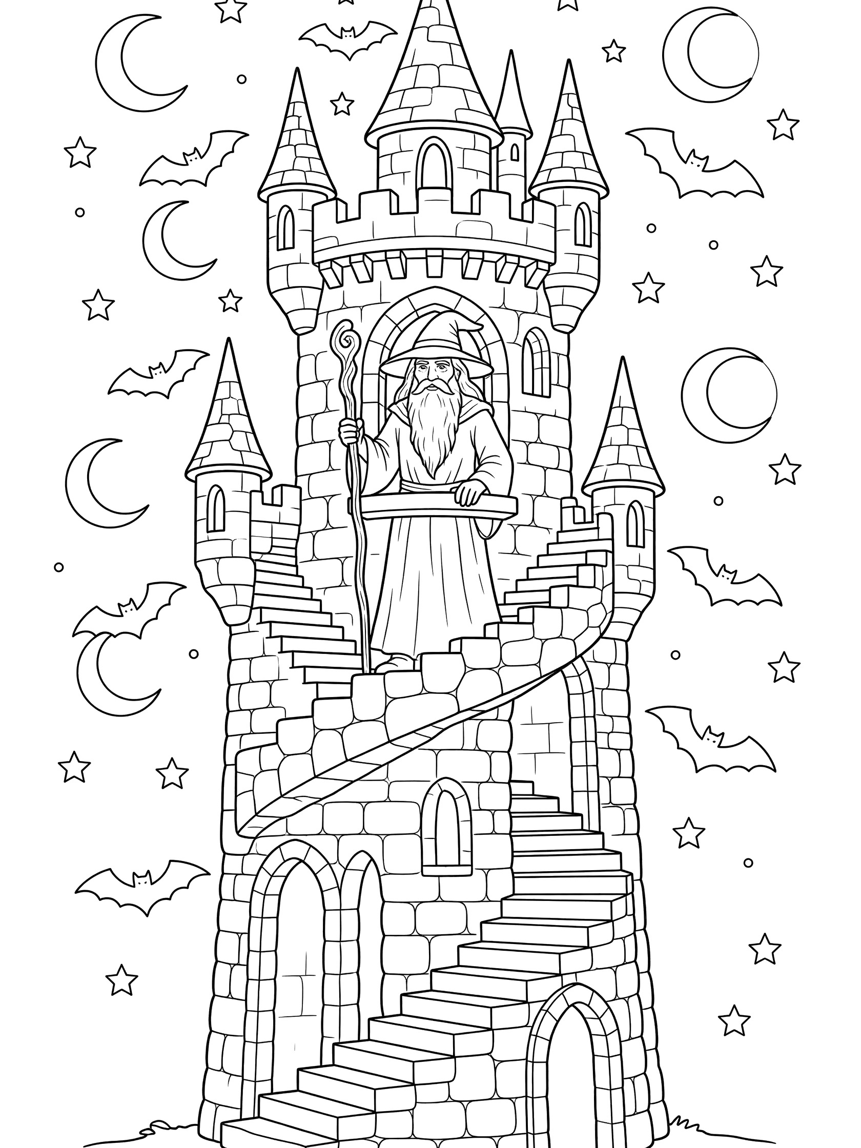 Black and white line art coloring page showing a bearded wizard with staff at the window of a tall stone tower castle. Bats fly near pointy turrets, moons and stars in the sky, spiral stairs visible inside. Wizards themed black and white printable line art
