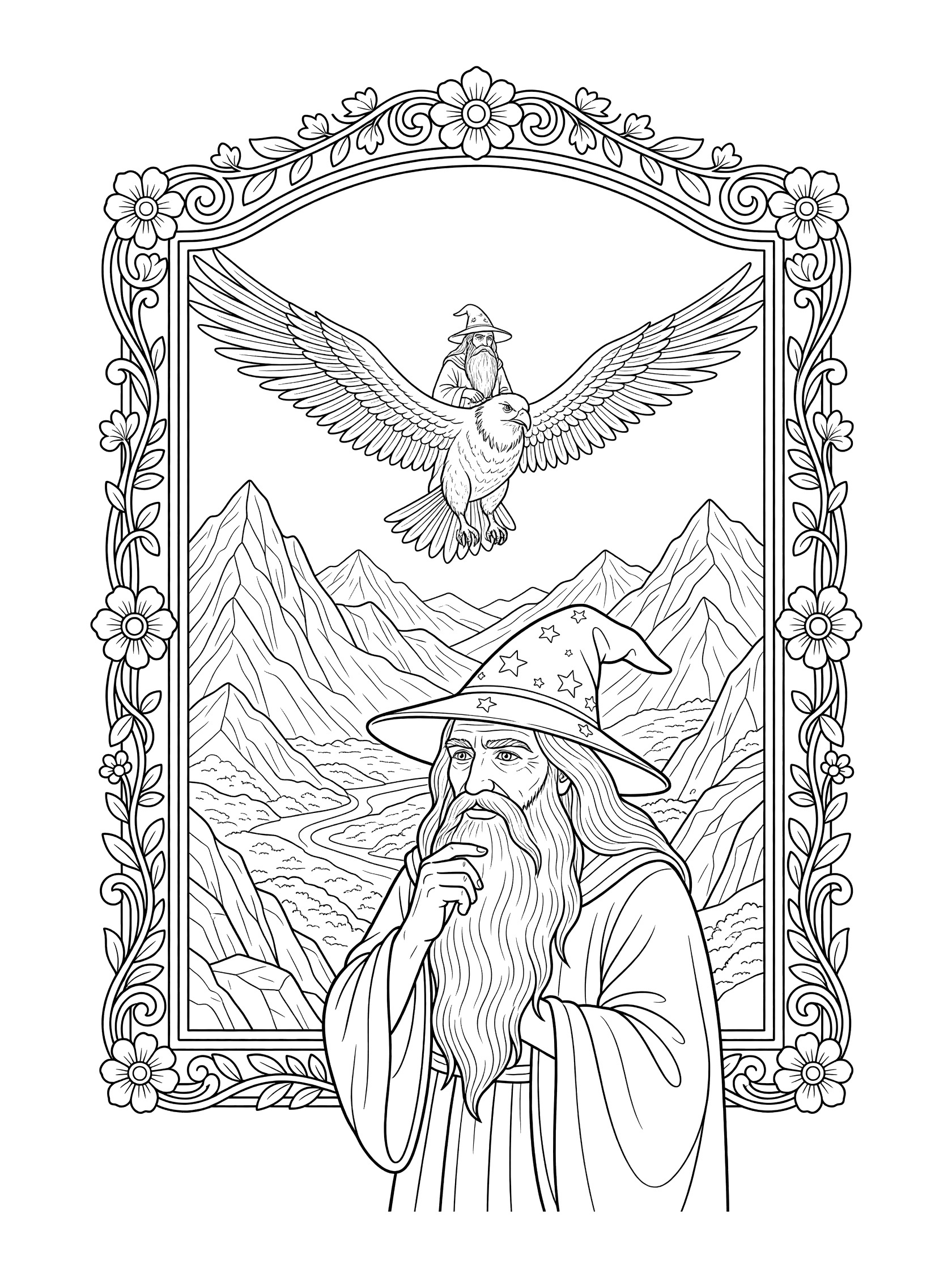 Black and white line art coloring page featuring a bearded wizard in a pointed hat looking into an ornate oval mirror. Mirror reflects wizard on giant eagle flying over mountains. Symmetrical floral designs frame the mirror.
