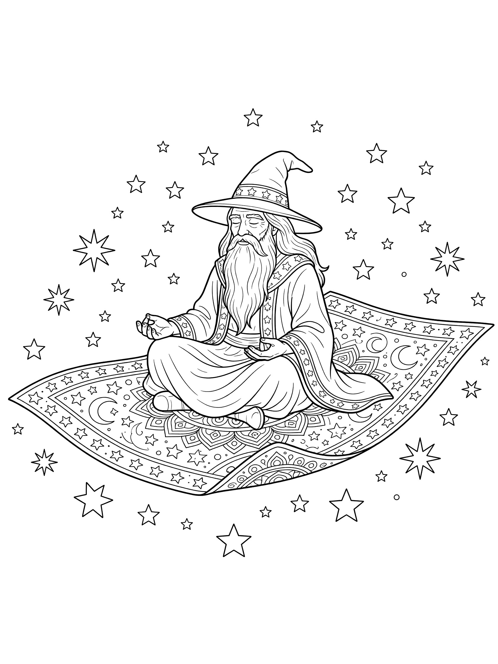 Black and white line art of a wizard with long beard and hat sitting cross-legged on a curved magic carpet with star and moon designs, surrounded by floating stars.