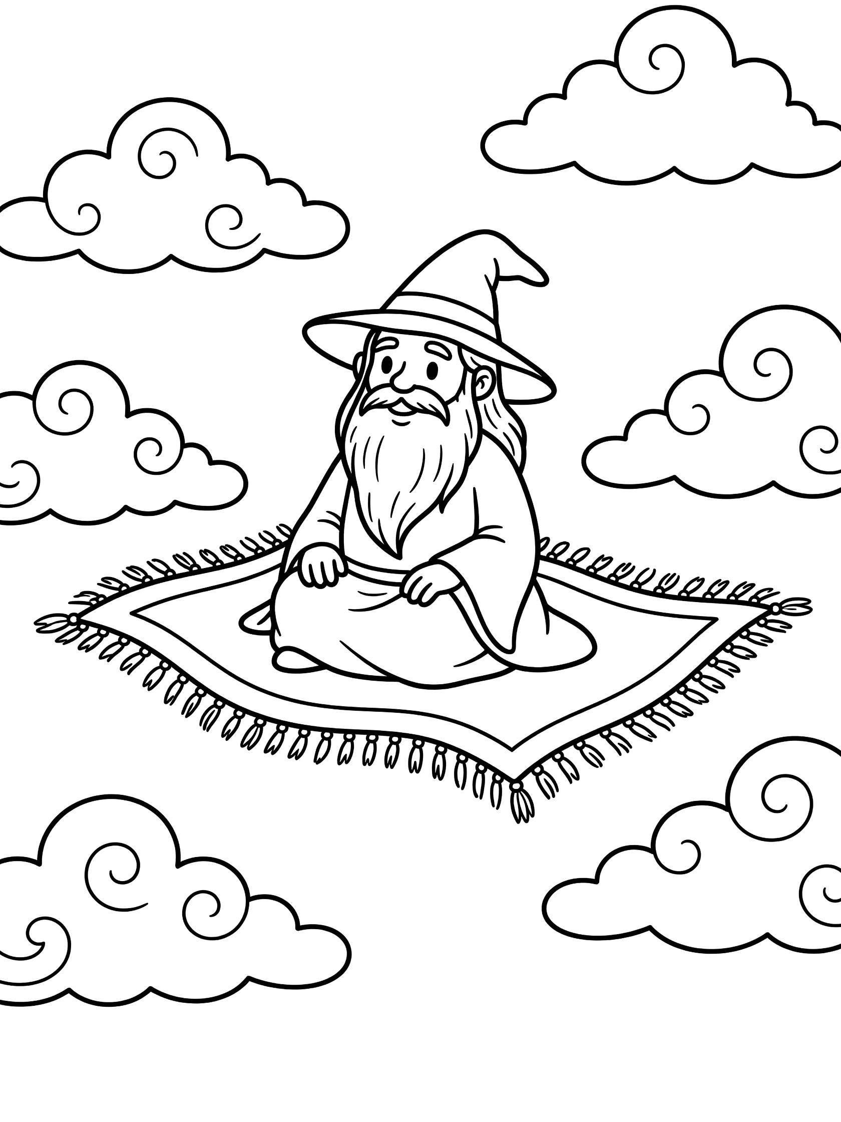 Black and white coloring page showing a bearded wizard in a pointed hat sitting cross-legged on a wavy carpet with tassels, surrounded by fluffy clouds.