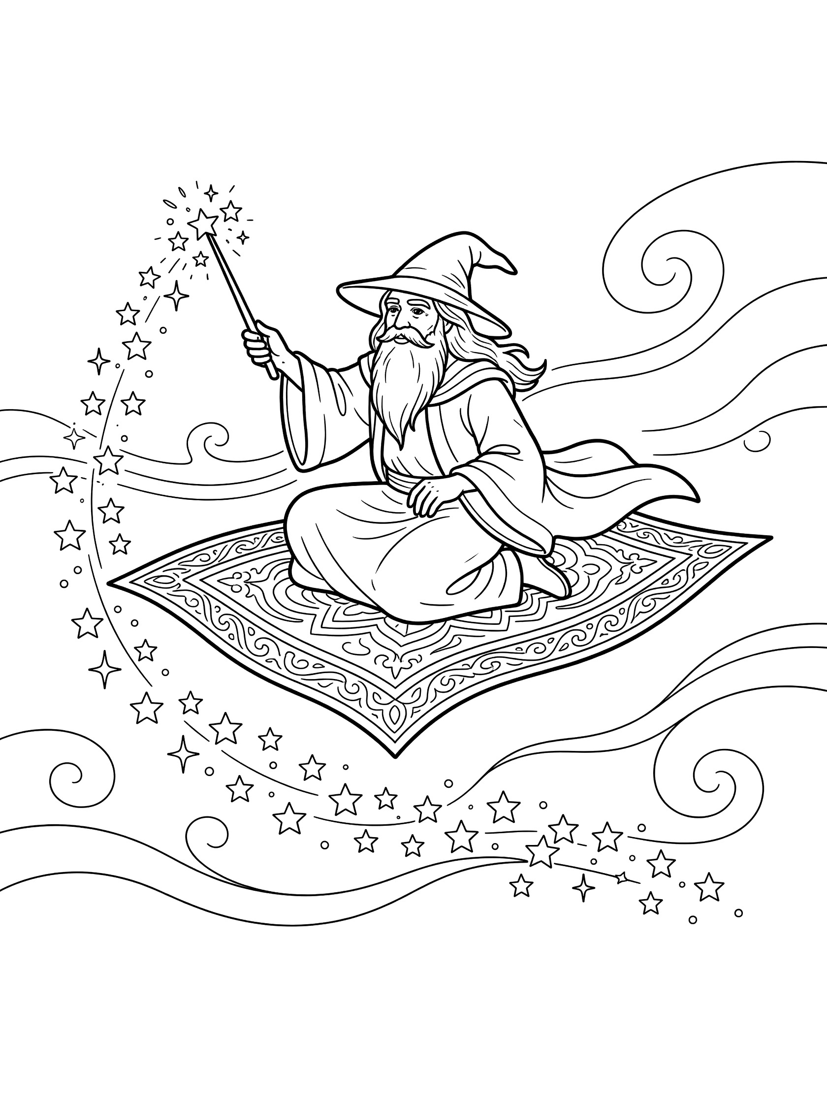 Black and white line art of a wizard sitting on a patterned flying carpet, waving a wand with sparkling stars, surrounded by swirls and stars in the sky.