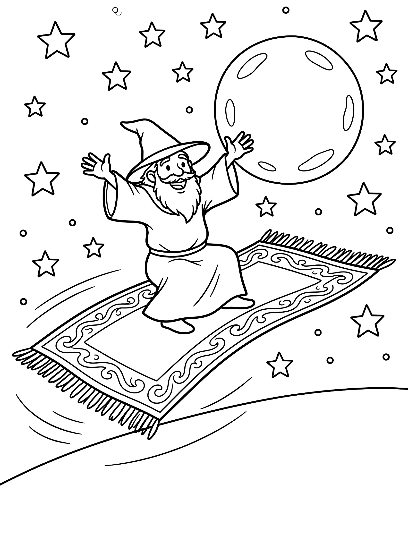 Black and white coloring page of a smiling wizard with hat and beard sitting on a fringed flying carpet under a large moon and scattered stars