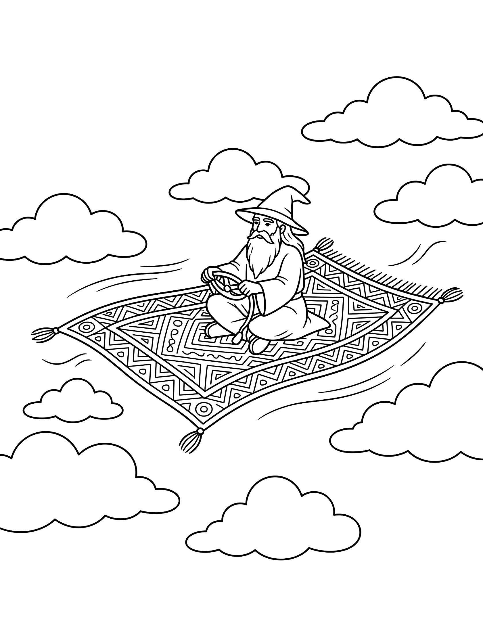 Black and white line art coloring page showing a bearded wizard in a pointed hat sitting on a geometric patterned magic carpet flying between fluffy cloud shapes with trailing tassels.