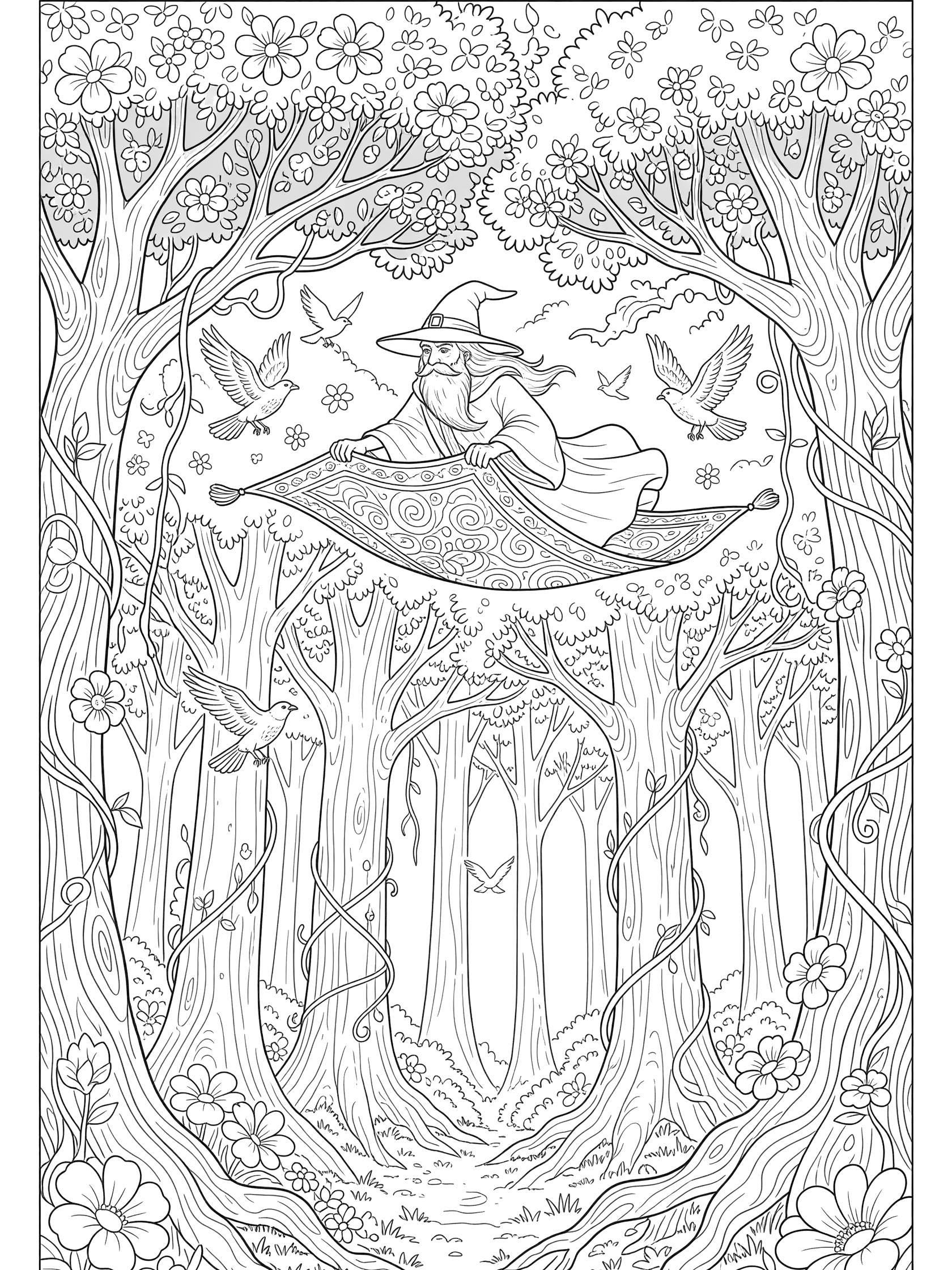 Black and white line art coloring page showing a bearded wizard sitting on a patterned magic carpet flying low over a forest with tall trees, vines, flowers, and birds flying nearby.