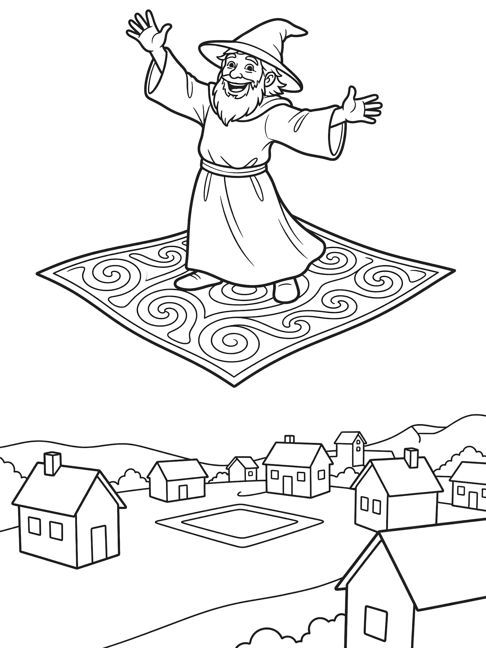 Black and white line art coloring page showing a joyful wizard in robe and hat waving both hands on a patterned flying carpet above a village with houses, river, and trees.