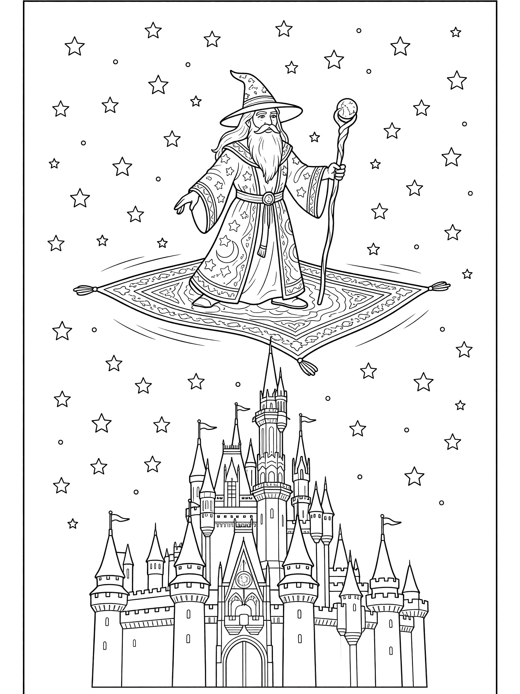 Black and white line art coloring page showing a bearded wizard in robes and hat holding a staff on a flying magic carpet above a castle with many towers and flags, with stars in the sky