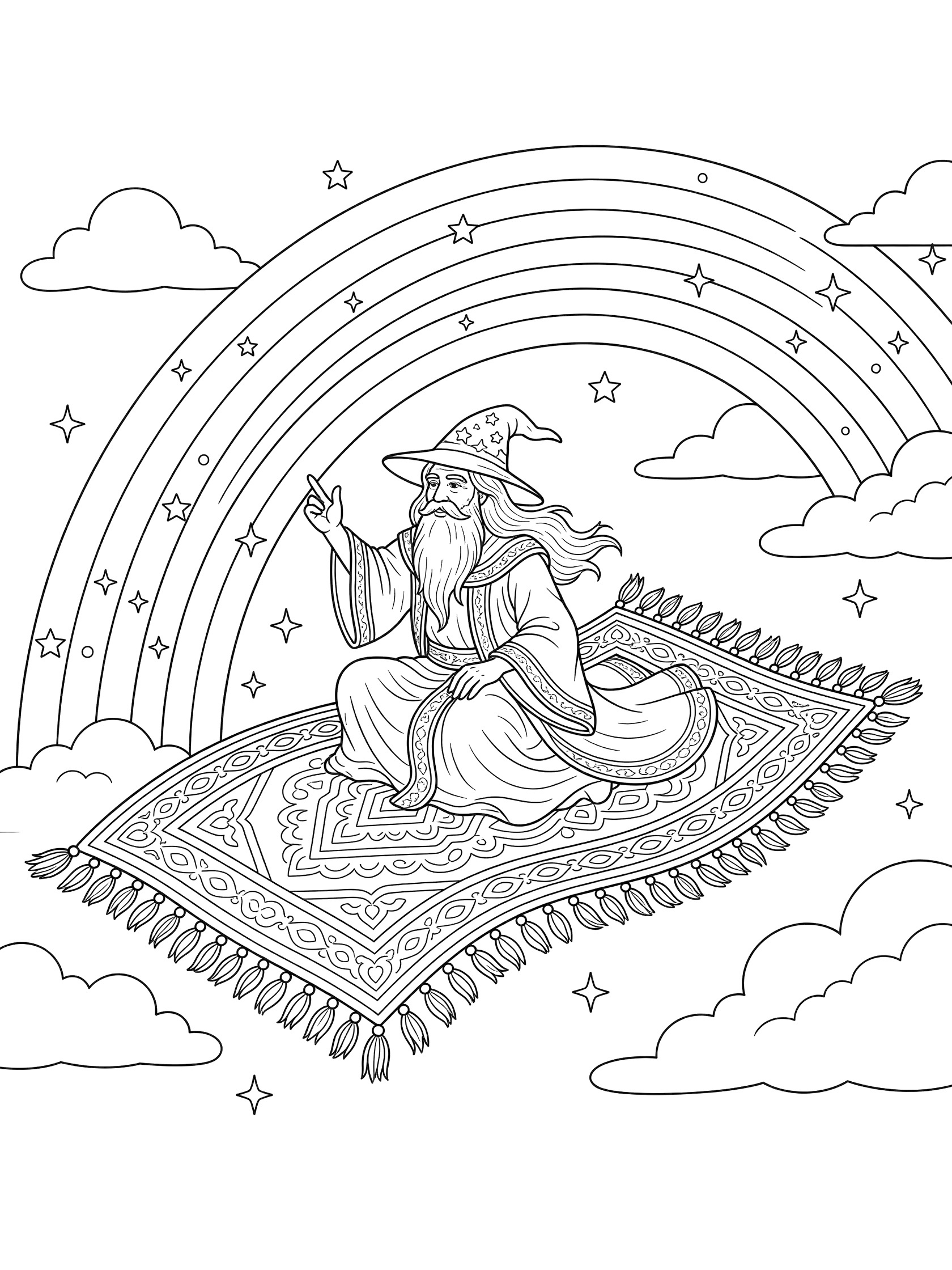Black and white line art coloring page showing a bearded wizard in robe and hat sitting cross-legged on a patterned magic carpet arched through a large rainbow with stars, sparkles, cloud puffs, and flowing tassels.
