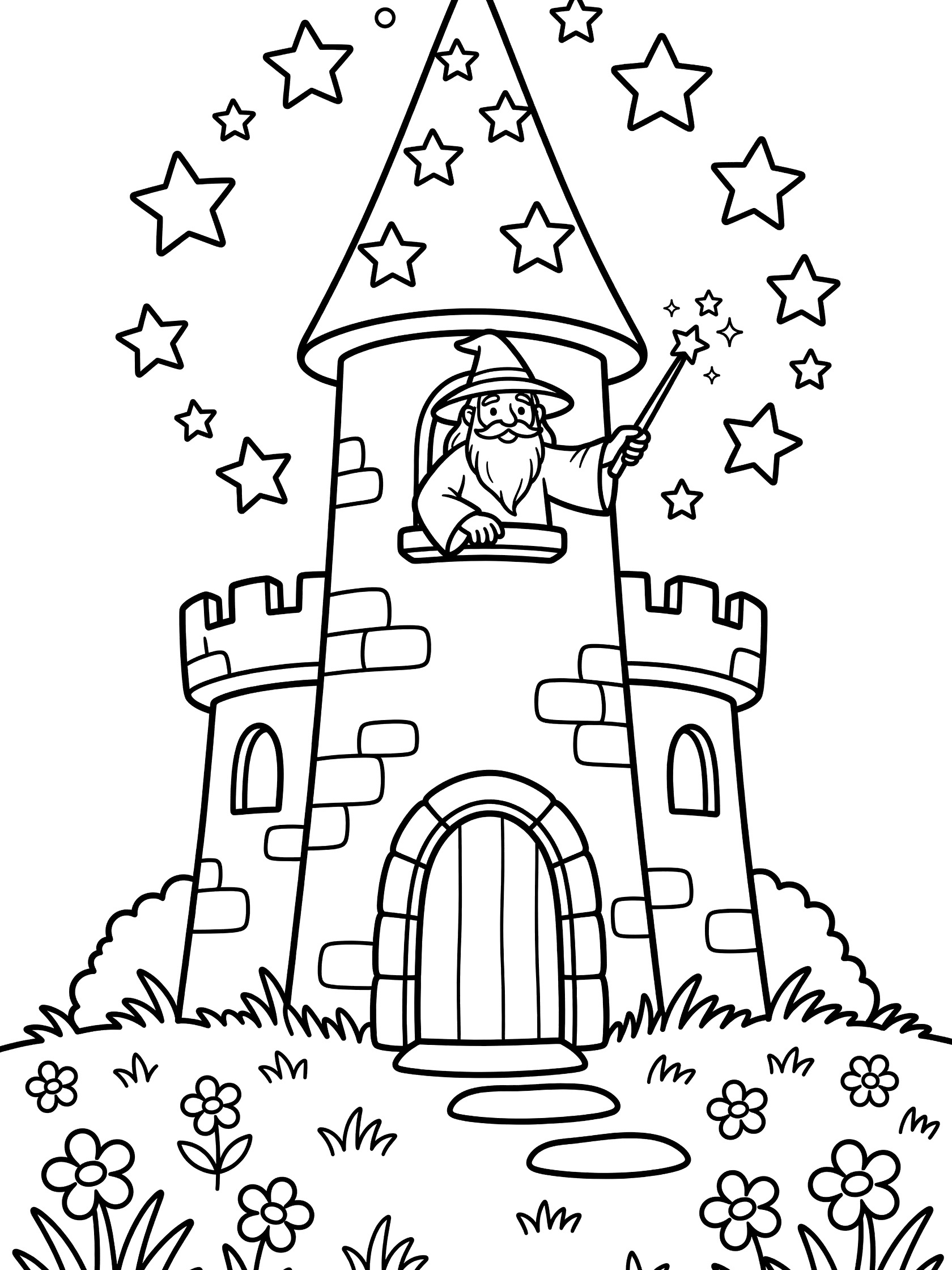 Black and white line art of a tall wizard tower in a meadow. Friendly wizard with hat and beard waves from top window holding wand. Stars around roof, arched door at base, grass and flowers.