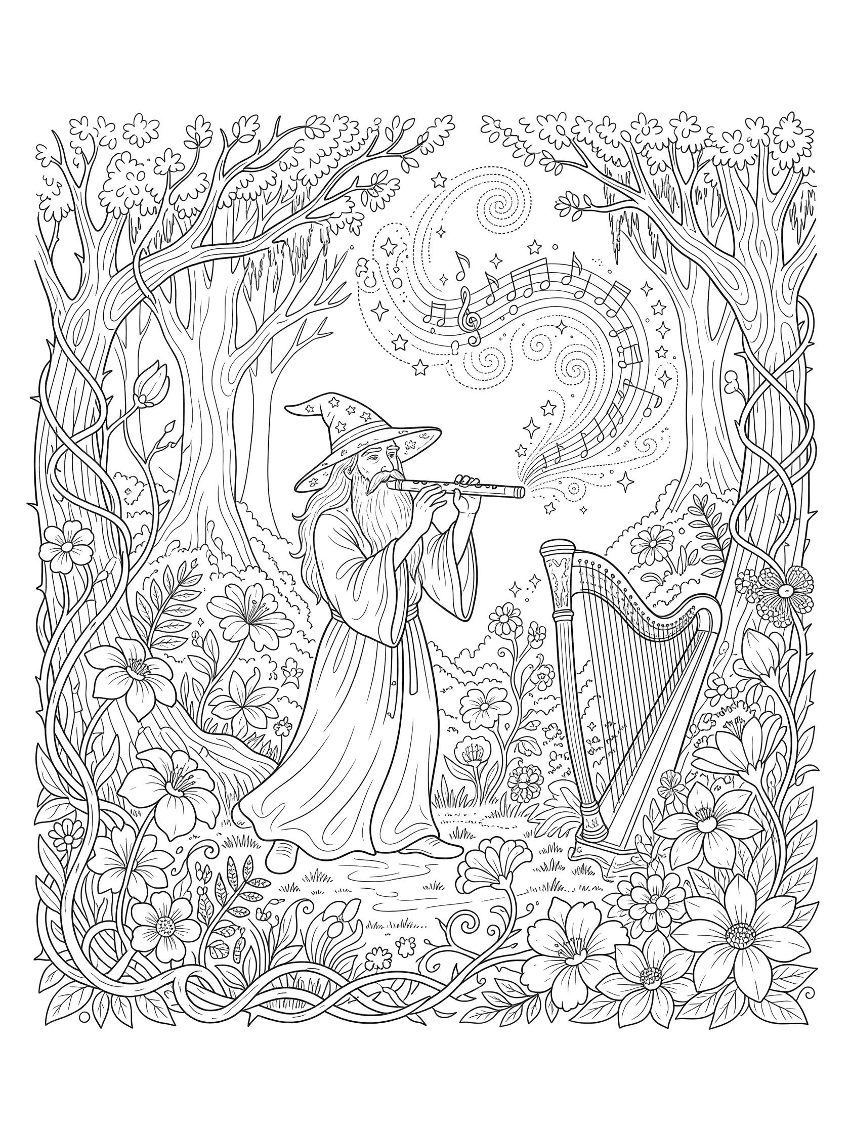 Black and white line art coloring page showing a wizard in a long robe and pointed hat playing a flute. Musical notes and sparkles float in the air near a harp, surrounded by trees, vines, mushrooms and flowers in an enchanted forest glade. Wizards themed black and white printable line art