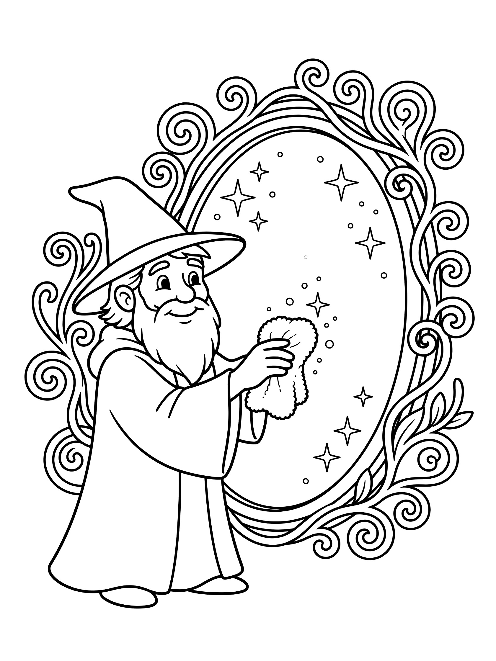 Black and white line art coloring page showing a smiling wizard with hat and beard gently wiping a big round magic mirror decorated with swirly vines and sparkles using a cloth.