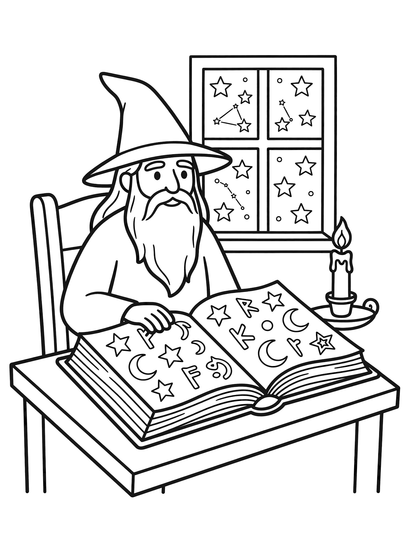 Black and white coloring page of a wizard in a tall hat reading a large open spellbook with moons, stars, and runes at a desk with a candle and starry night window. Wizards themed black and white printable line art