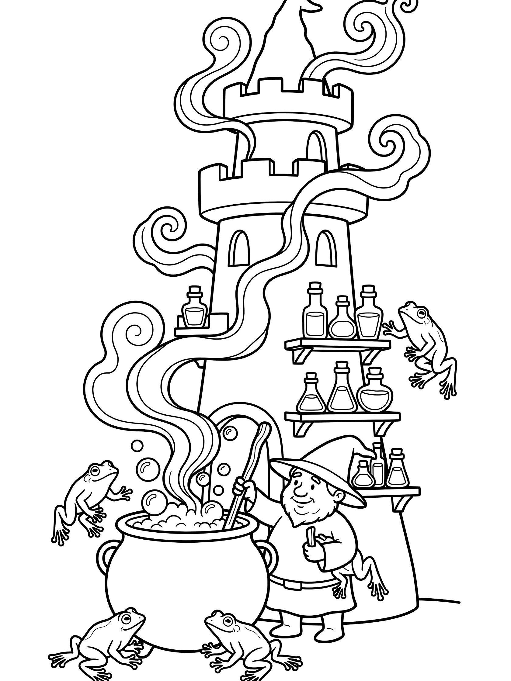 Black and white line art coloring page showing a chubby wizard in a hat stirring a big cauldron full of bubbles and frogs, with frogs jumping around, potion bottles on shelves, smoke rising to a wizard tower.