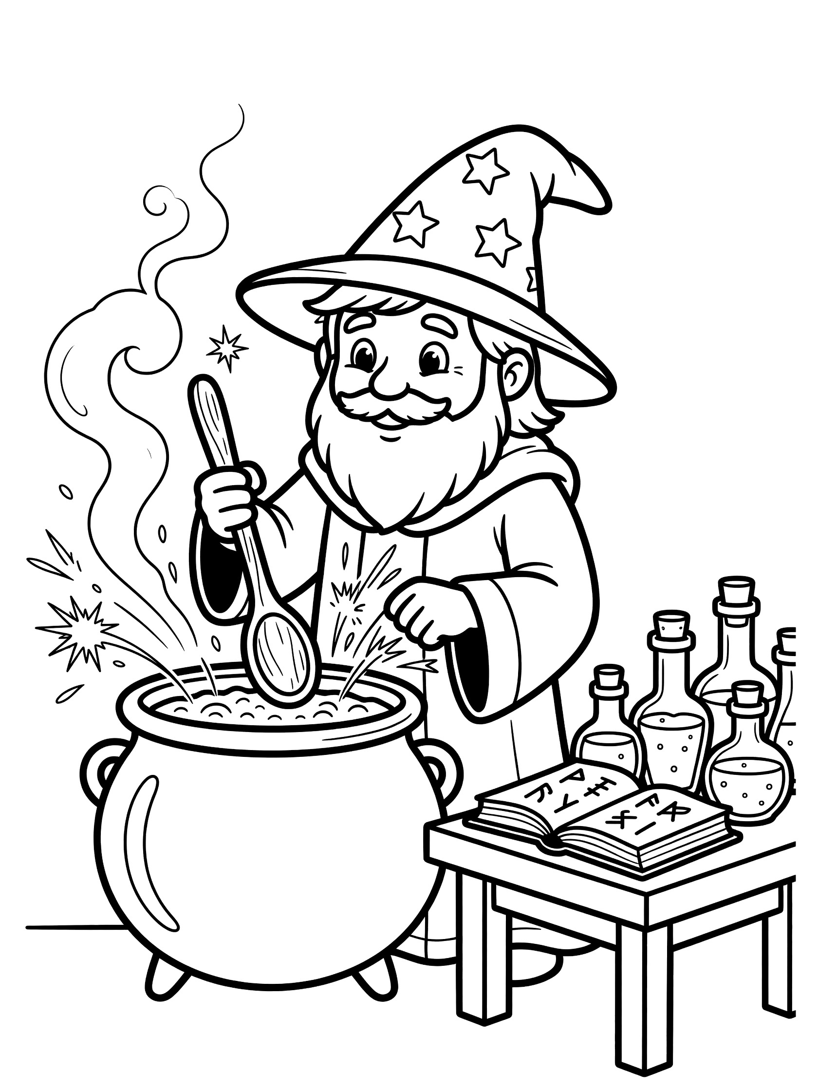 Black and white line art coloring page showing a wizard in hat and robes stirring a cauldron with spoon, steam rising, sparks, potion bottles and open spellbook on table.