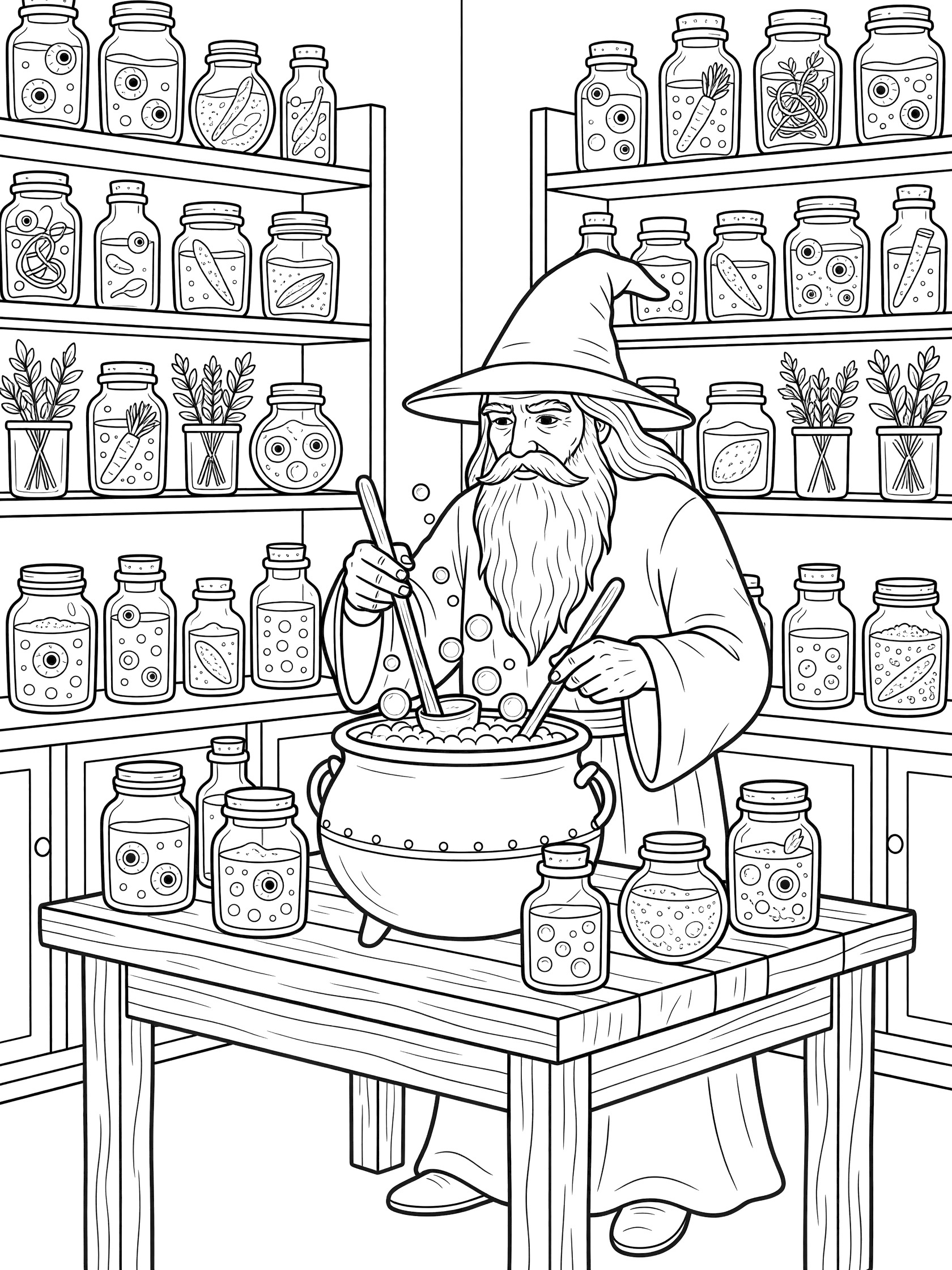 Black and white line art of a bearded wizard in a tall hat stirring a bubbling pot on a wooden table surrounded by shelves of jars with eyes and herbs in a potion shop. Wizard School themed black and white printable line art