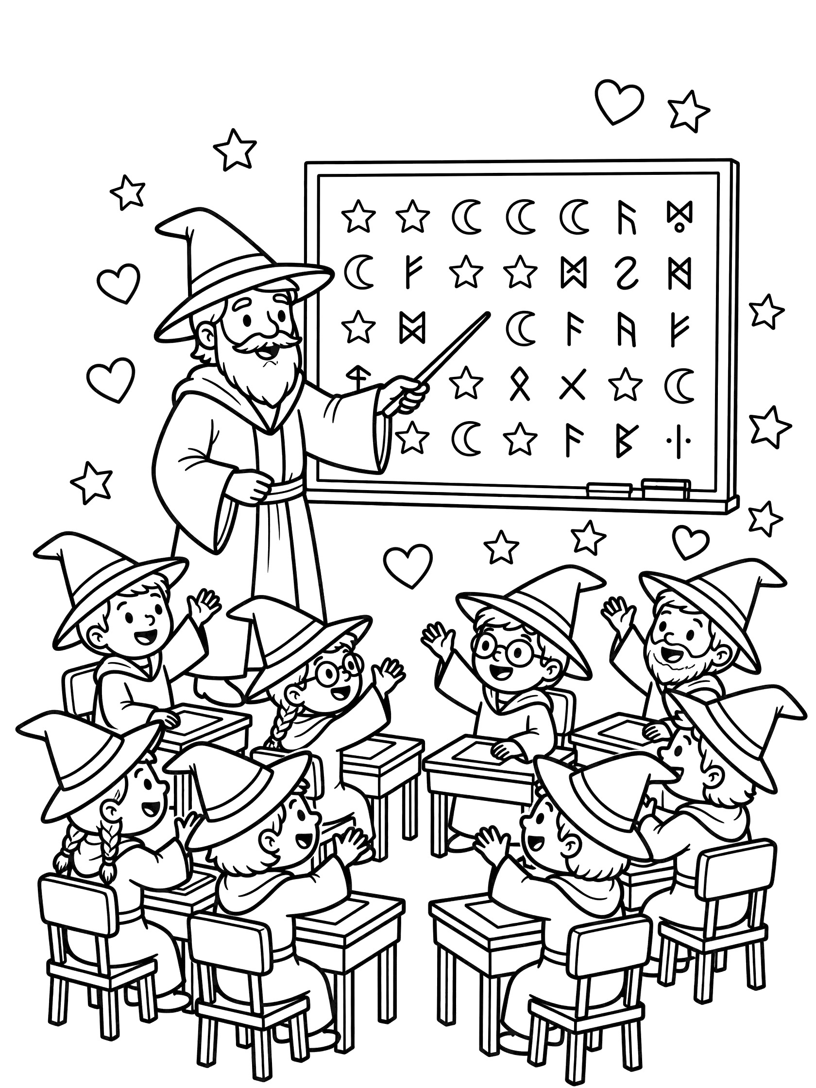 Black and white line art coloring page showing a tall wizard teacher in robes and hat holding a wand toward a blackboard covered in magic symbols, surrounded by six happy student wizards in hats sitting at desks, with floating hearts and stars. Wizard School themed black and white printable line art