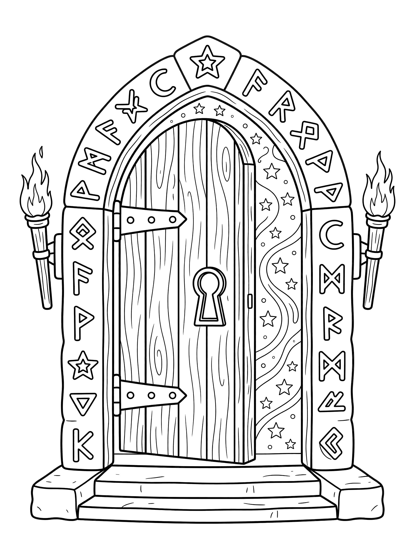 Black and white line art of a wizard tower's grand wooden door swinging open to a starry interior, wand-shaped keyhole, carved runes, and flanking torches.