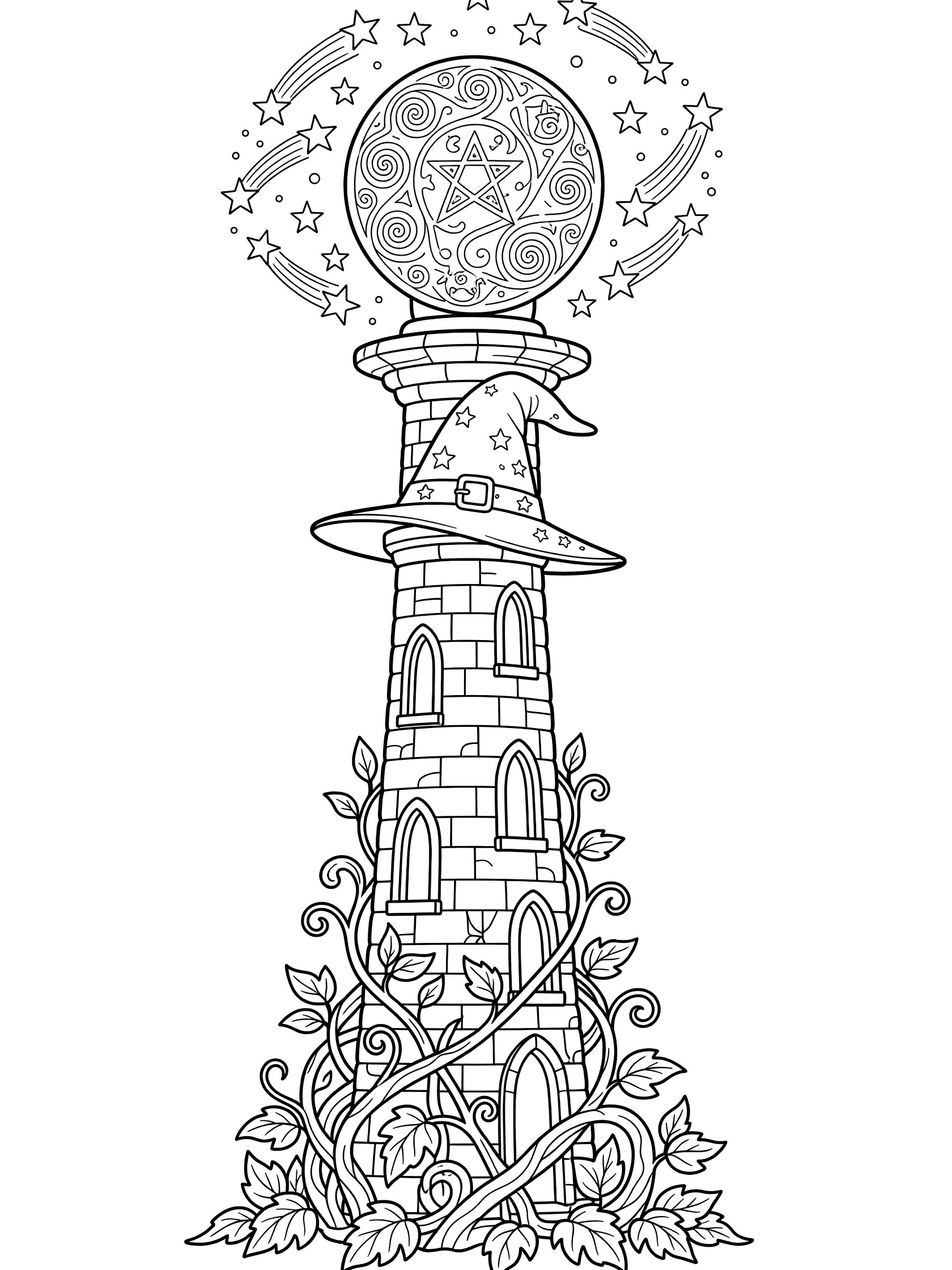 Black and white line art coloring page showing a slender stone wizard tower with arched windows and vines at the base, topped by a wizard's pointed hat, large glowing crystal ball with patterns, and orbiting stars and moon.