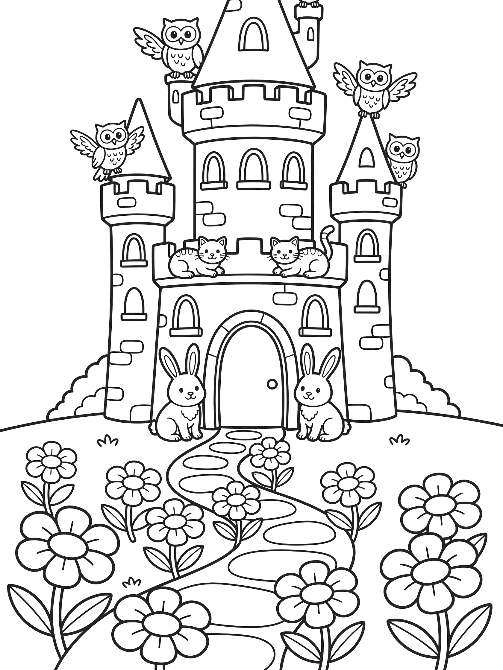 Black and white line art of a tall wizard tower with pointy roofs, owls perched on top, cats sitting on windowsills, bunnies by the front door, and a path of flowers leading to the entrance.