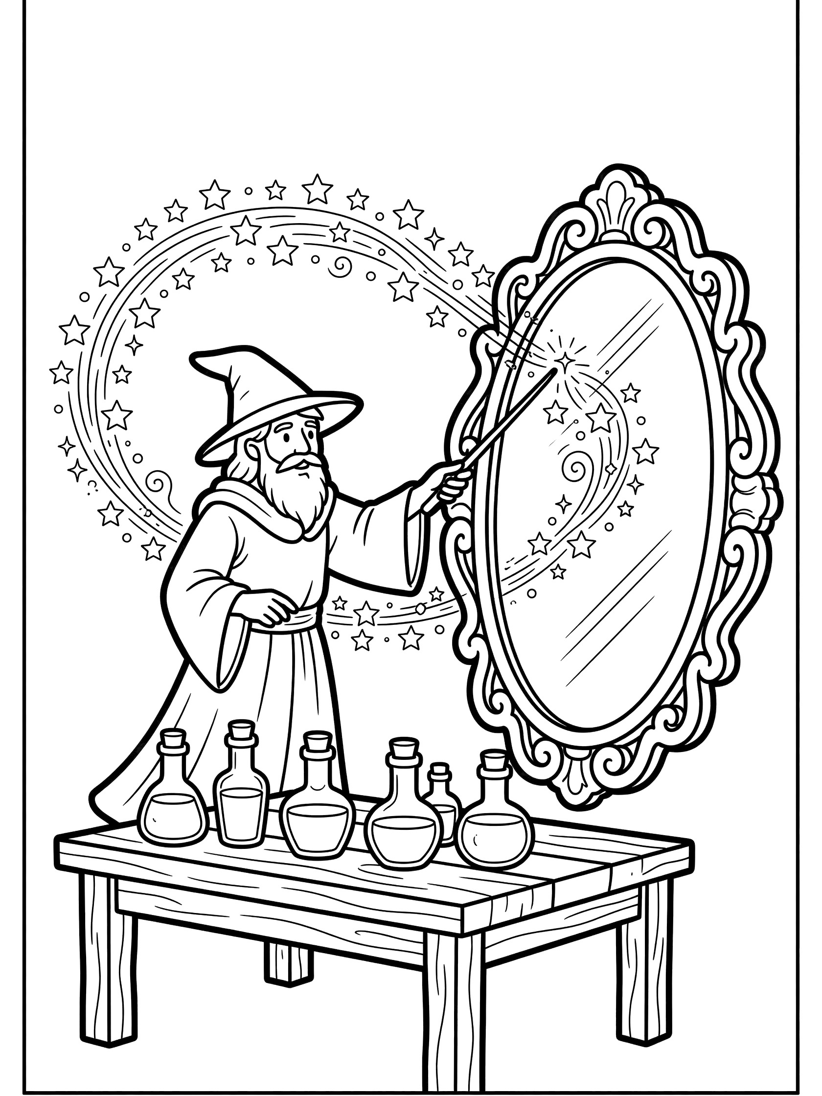 Black and white line art coloring page showing a wizard in robe and hat holding a wand toward an ornate magic mirror with sparkling stars and swirls, potion bottles on a wooden table