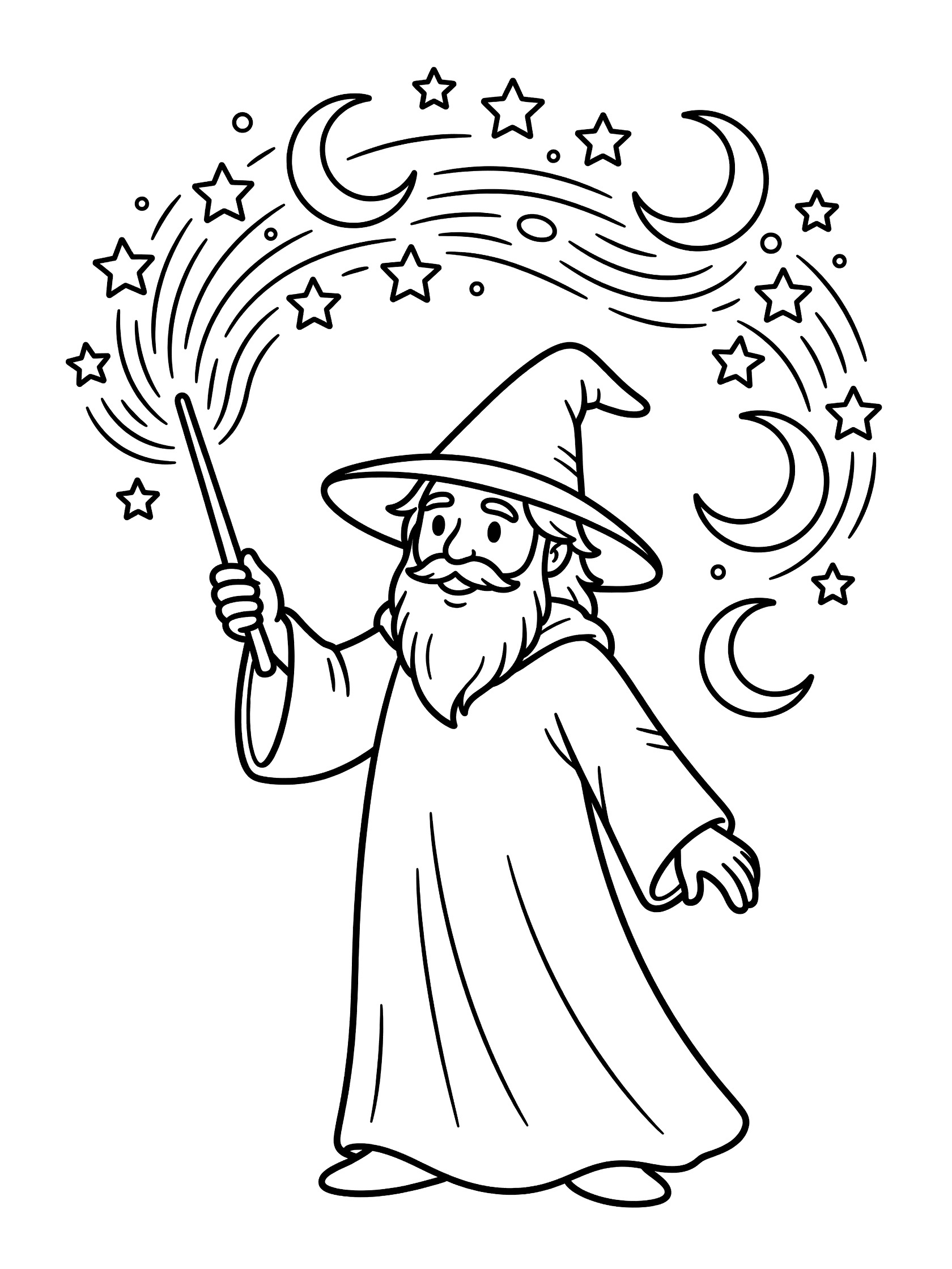 Black and white line art coloring page showing a smiling wizard in a tall pointed hat and flowing robe, holding a wand that creates swirling stars and moons in the air. Wizards themed black and white printable line art
