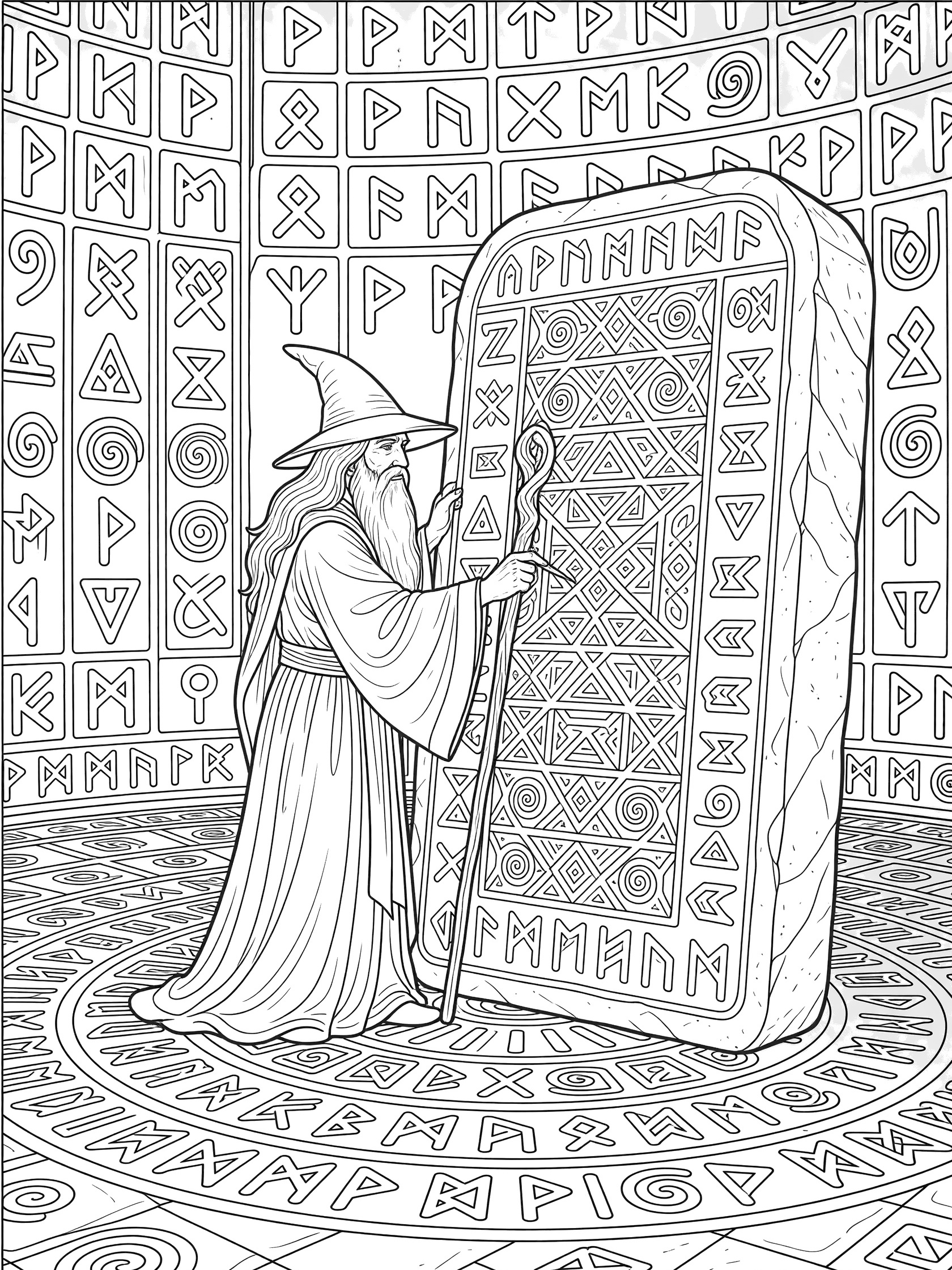 Black and white line art coloring page showing a bearded wizard in robe and pointed hat standing beside a large rectangular stone tablet with intricate rune symbols. Wizard holds a staff. Room has rune designs on floor and walls. Wizard School themed black and white printable line art