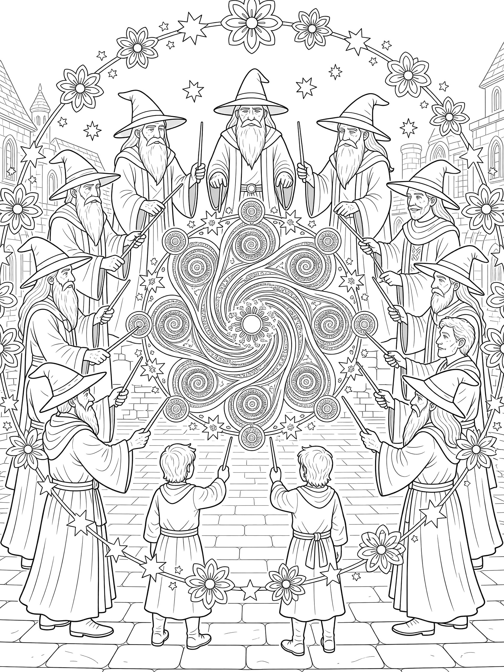 Black and white line art coloring page showing a circle of bearded wizards in tall hats and long robes holding hands and wands with two kids in robes, creating a central swirling magic pattern surrounded by flowers and stars in a courtyard. Wizard School themed black and white printable line art