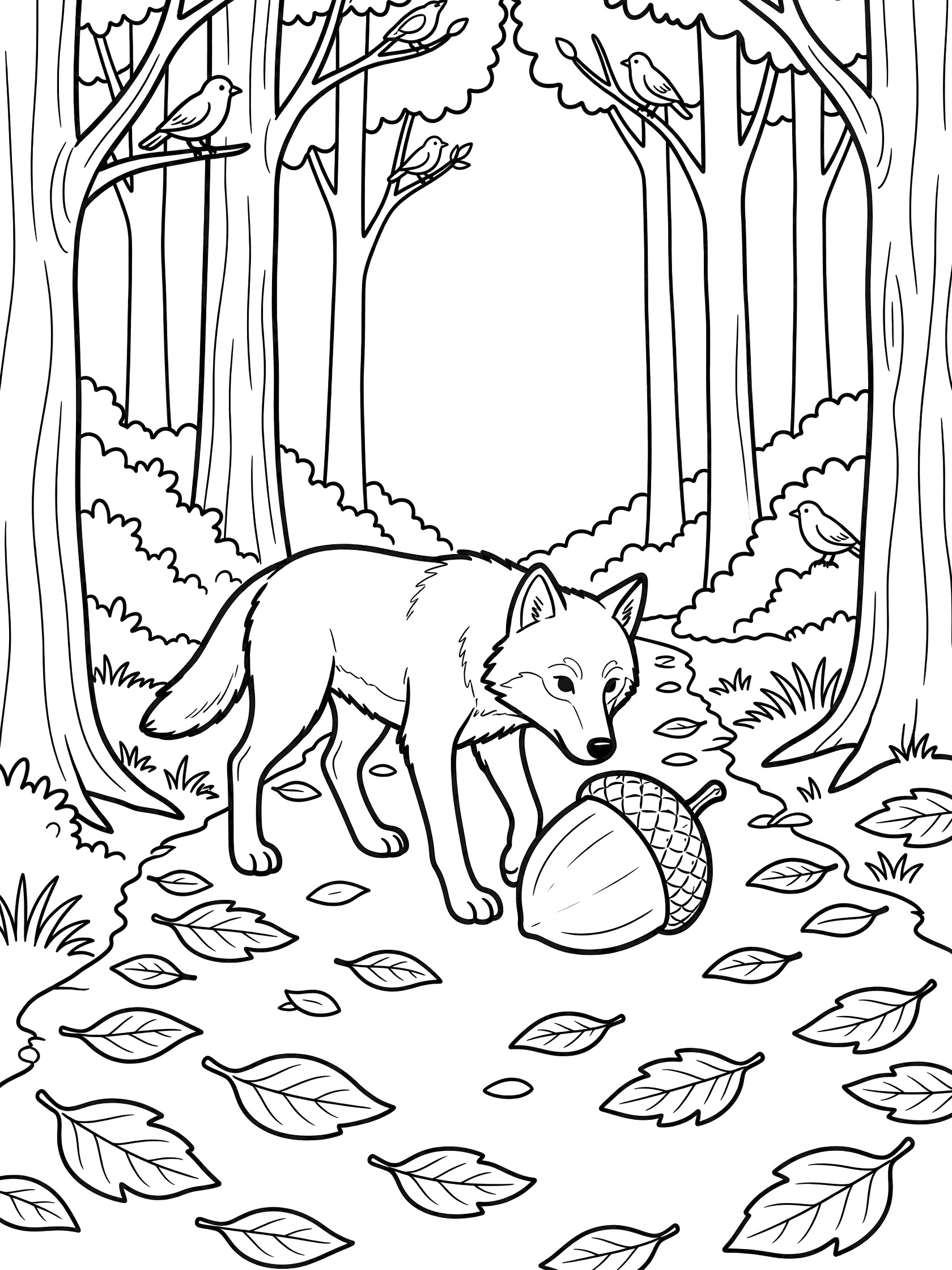 Black and white line art coloring page showing a wolf looking at a large acorn surrounded by fallen leaves, tall trees, and birds on branches in a forest.