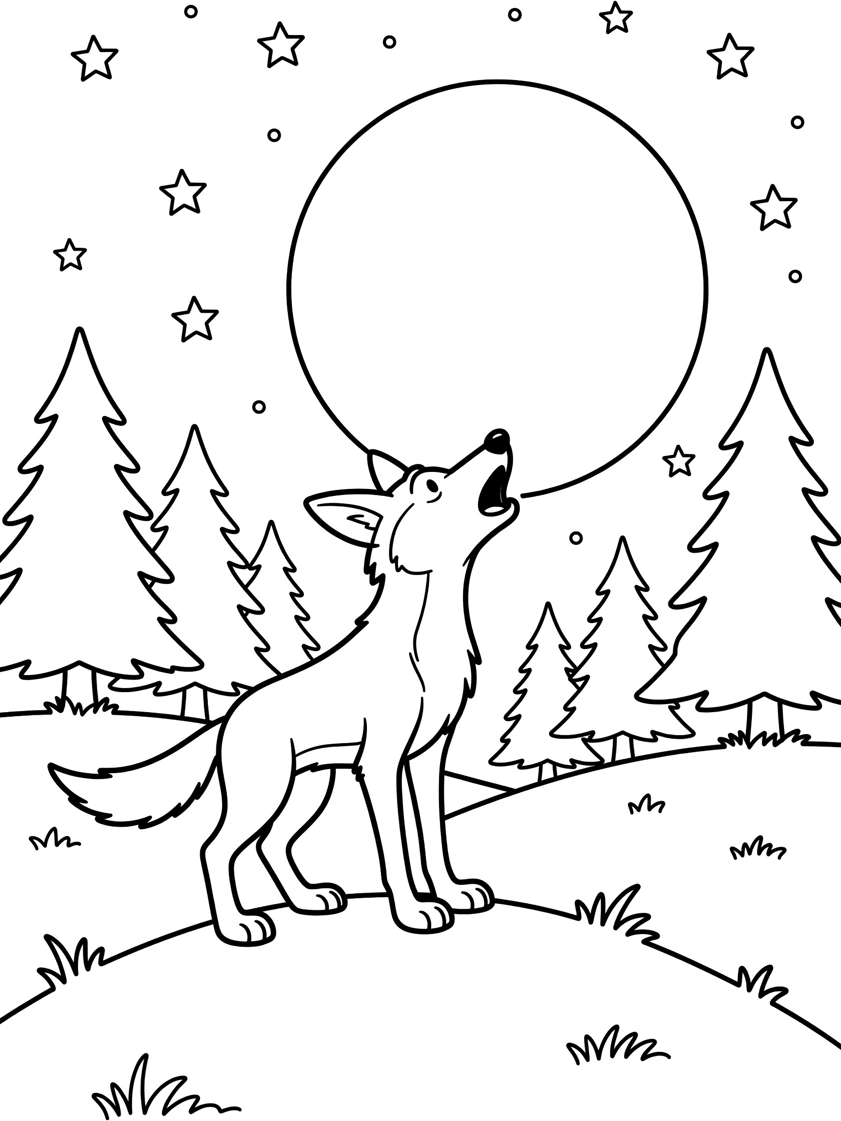 Black and white line art coloring page showing a cute wolf standing on grassy hill howling up at large full moon, stars in sky, pine trees in background. Coyote themed black and white printable line art