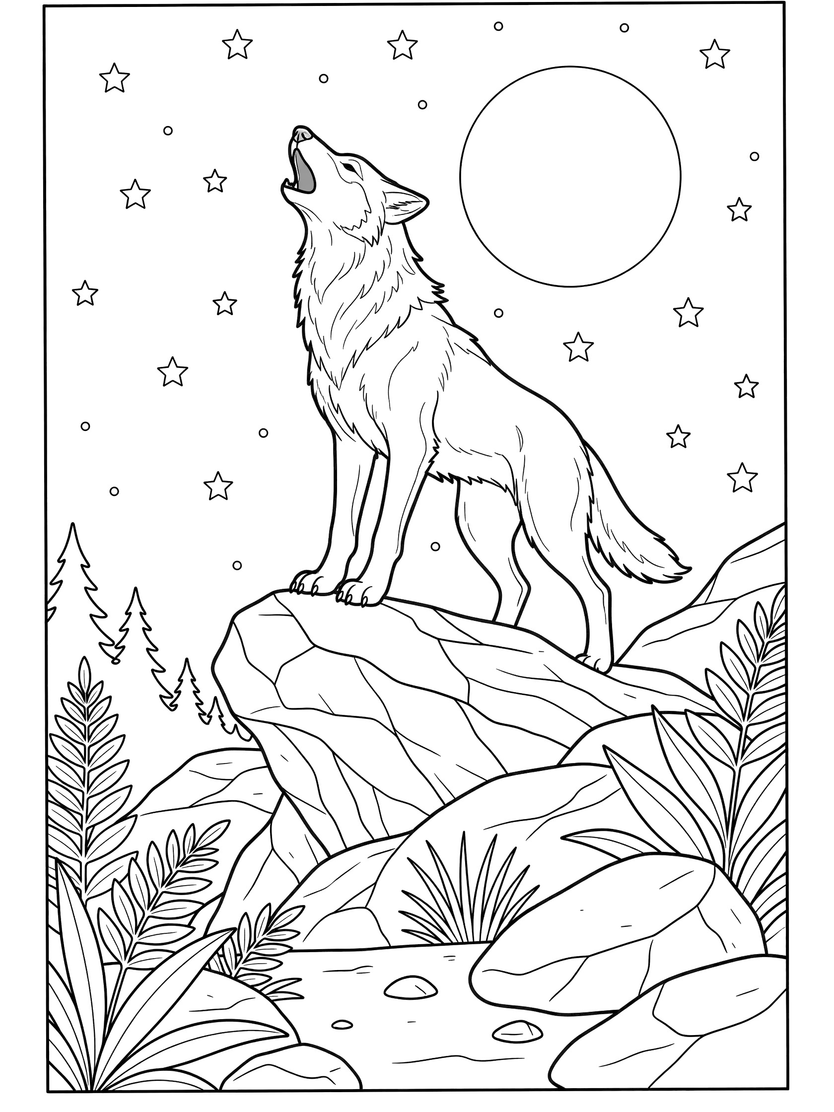 Black and white line art coloring page showing a wolf standing on rocks howling at a large full moon in a starry sky with pine trees and ferns. Dire Wolf themed black and white printable line art