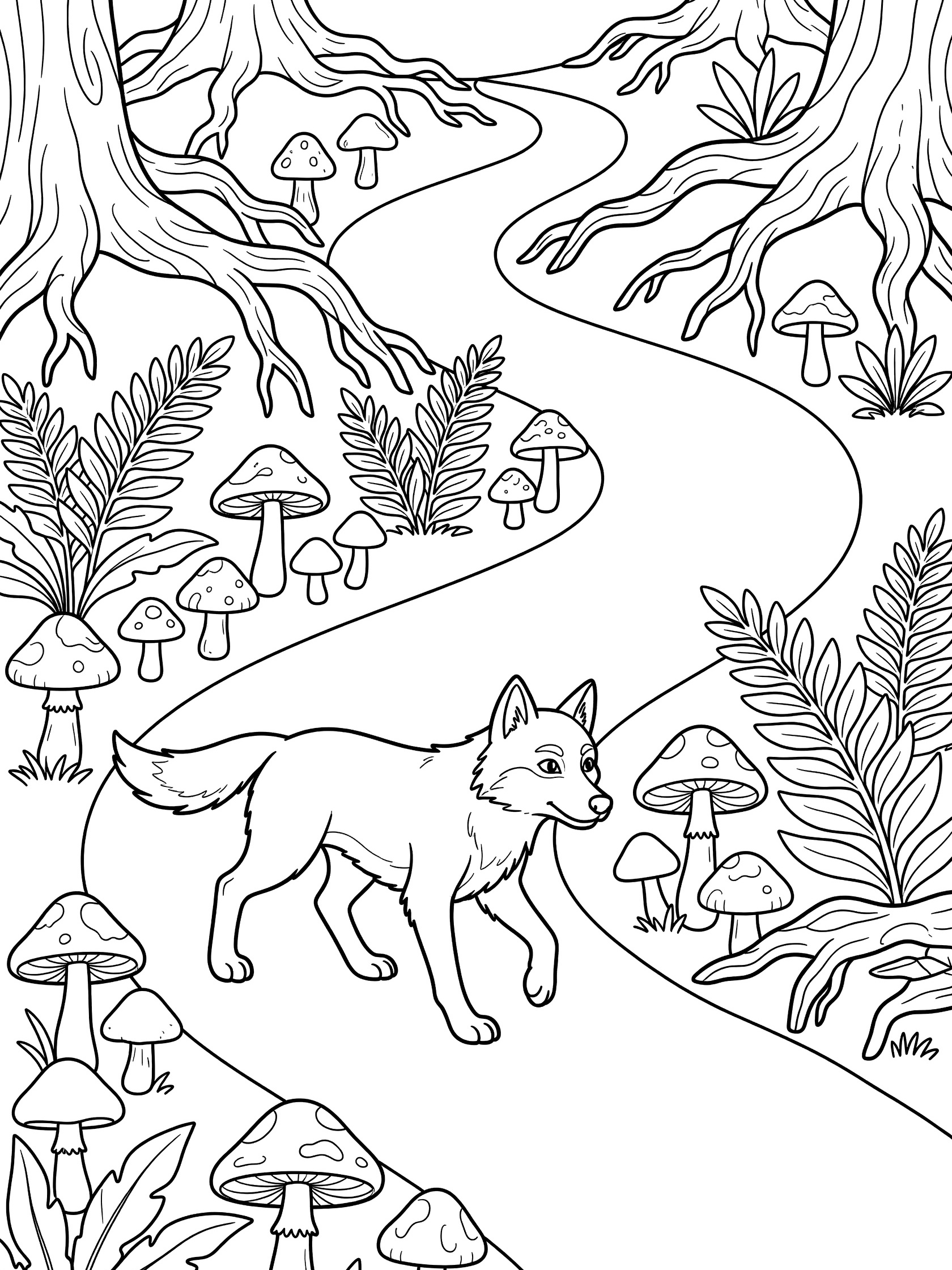 Black and white line art coloring page showing a wolf trotting along a curvy forest path surrounded by mushrooms, ferns, twisted tree roots, and tall trees.