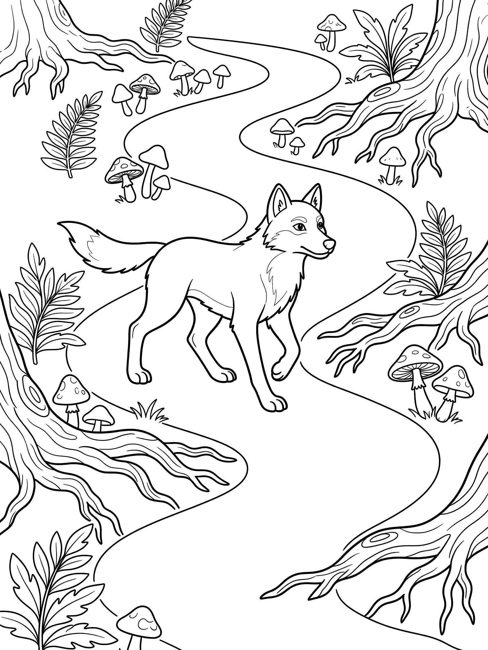 Black and white line art coloring page showing a wolf trotting along a curvy forest path surrounded by mushrooms, ferns, twisted tree roots, and tall trees.