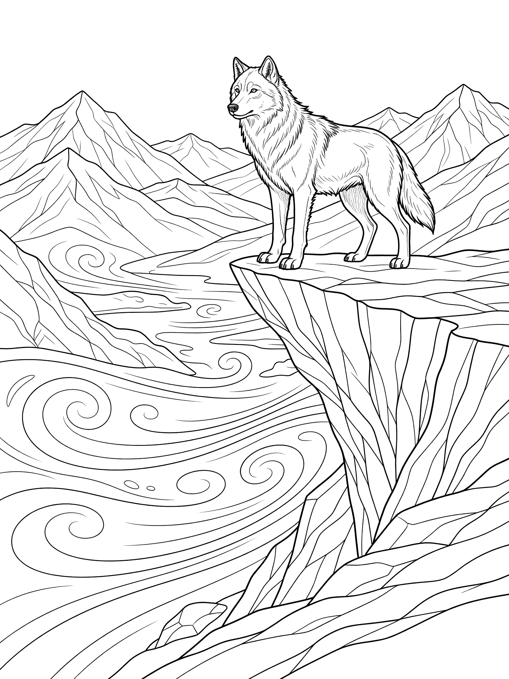 Black and white line art of a wolf standing on a mountain cliff edge, overlooking a valley with swirling wind patterns and distant mountains, coloring book style.