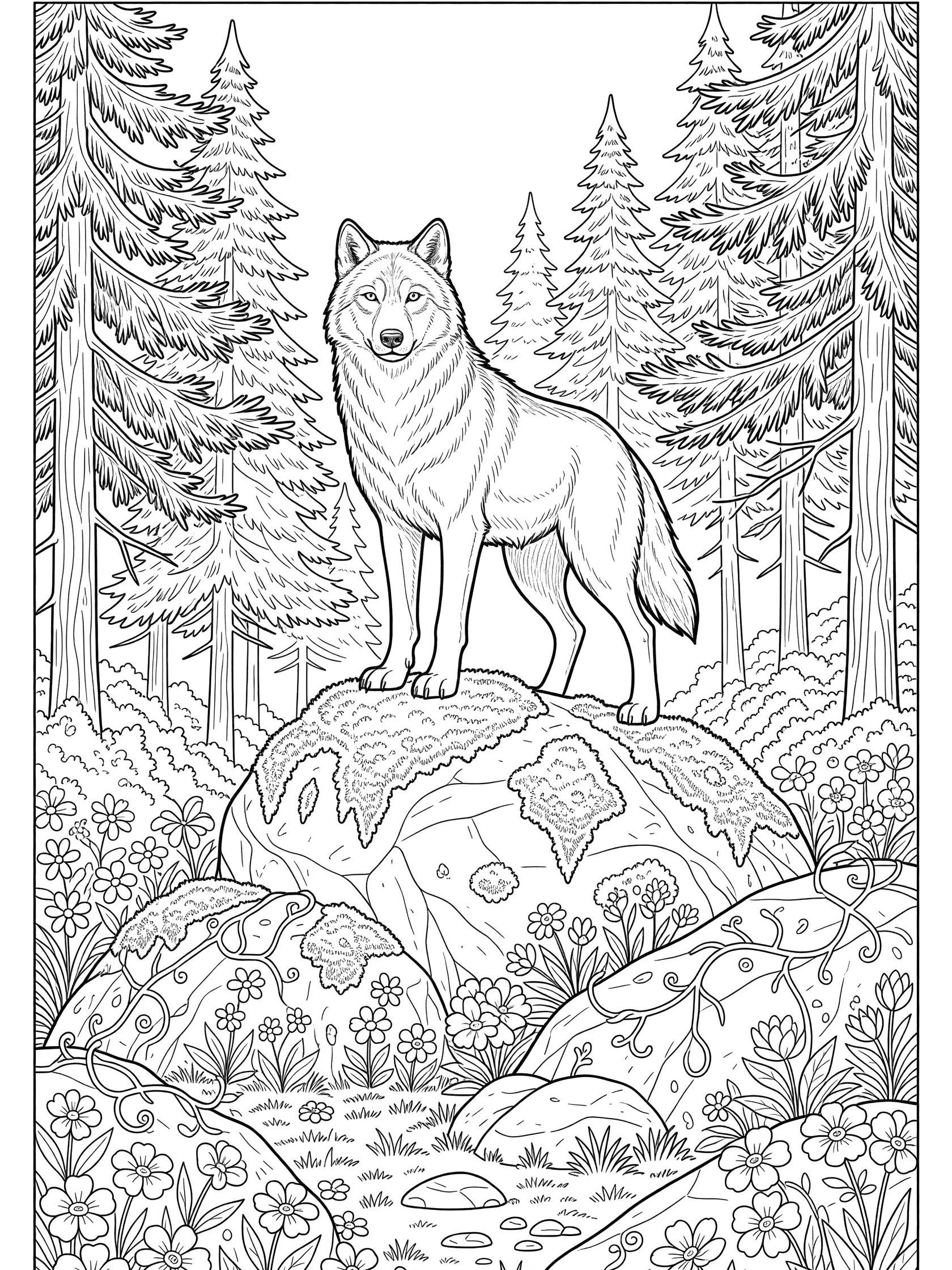 Black and white line art coloring page showing a wolf standing proudly on a mossy rock surrounded by pine trees, vines, wildflowers and rocks in a forest scene.