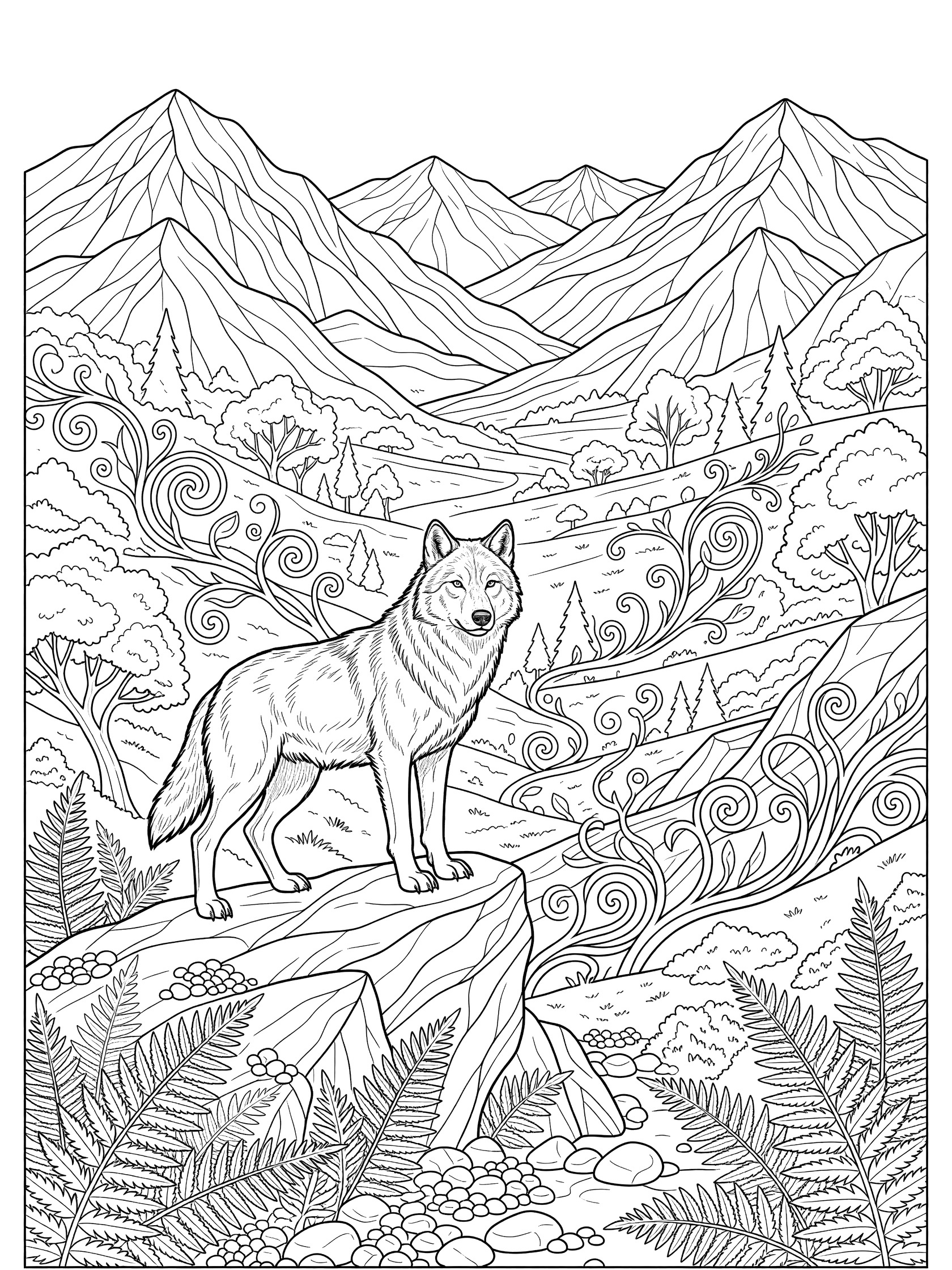 Black and white line art coloring page showing a wolf on a rock with swirling vines, ferns, pebbles, trees and distant mountains in a valley.