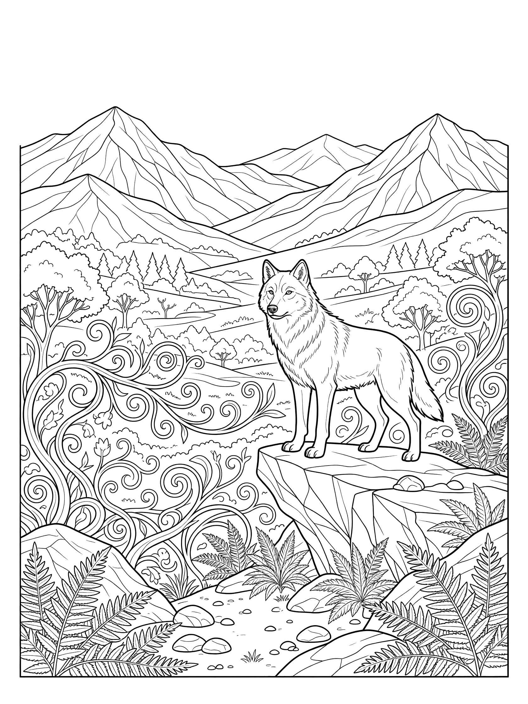 Black and white line art coloring page of a wolf on a rocky outcrop overlooking a valley with swirling vines, distant mountains, trees, ferns and pebbles.