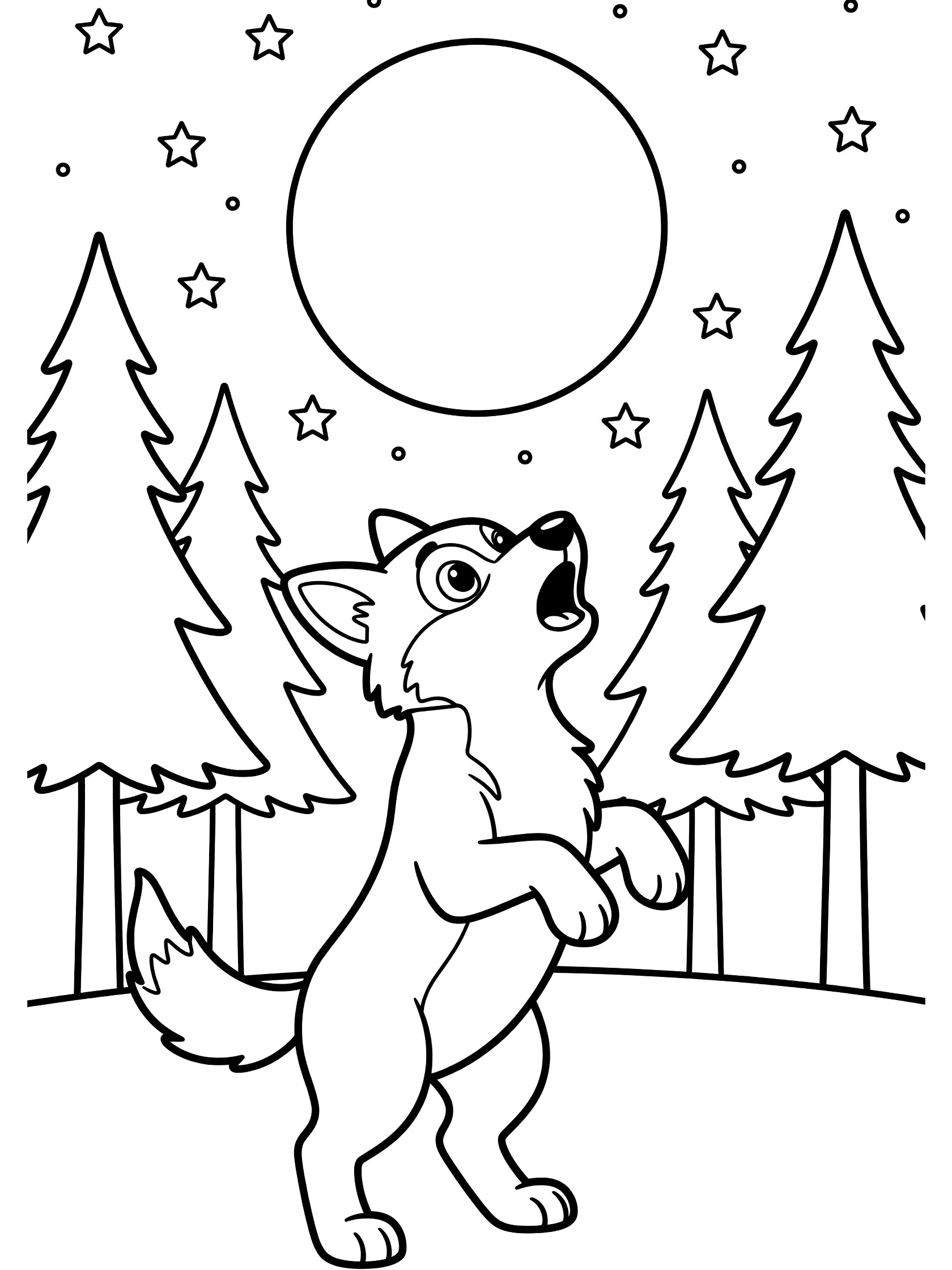 Cute cartoon wolf pup on hind legs howling at large full moon in starry night sky with tall pine trees, black and white line art coloring page