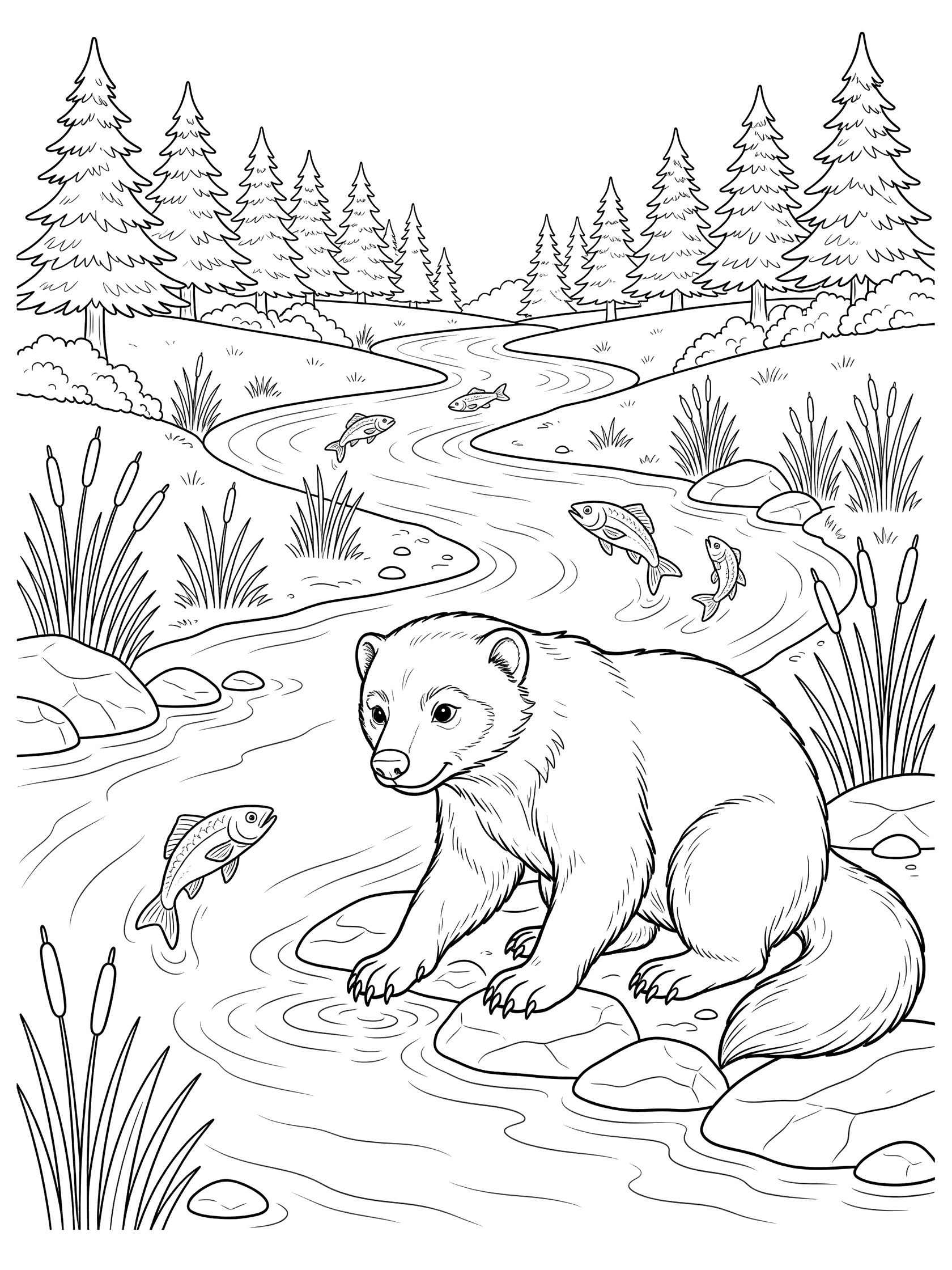 Black and white line art coloring page of a wolverine dipping paw in forest river with fish jumping, rocks, reeds, and distant trees.
