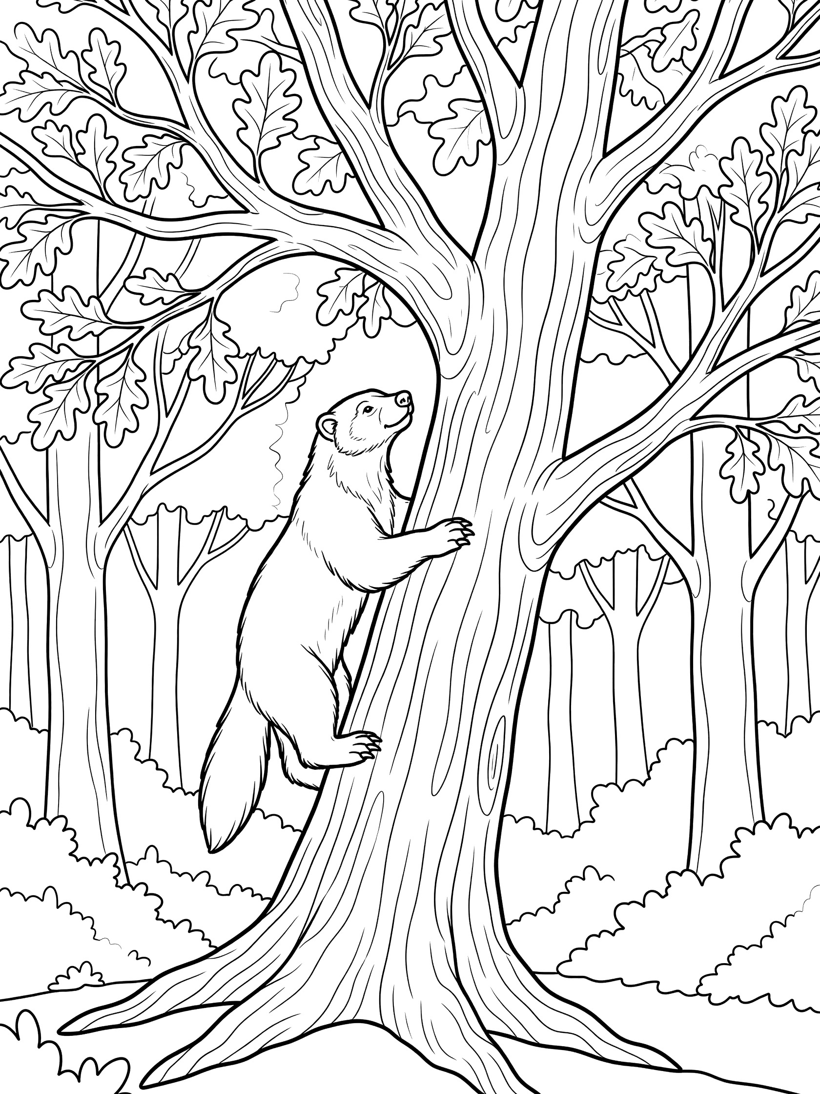 Black and white line art coloring page showing a wolverine gripping and climbing the trunk of a tall oak tree surrounded by forest branches and leaves.