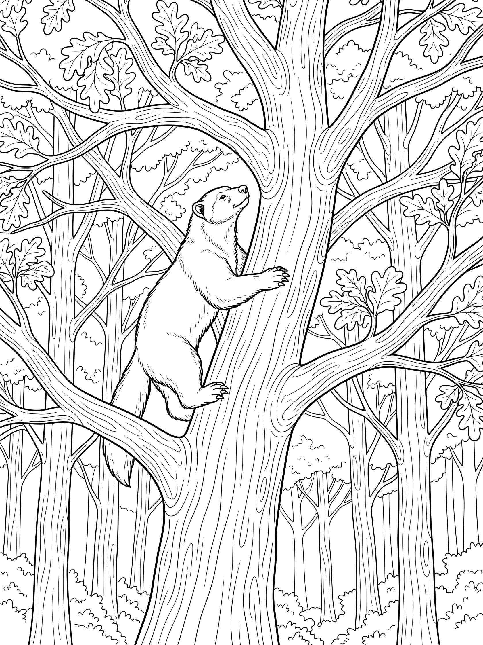 Black and white line art coloring page showing a wolverine gripping a tree trunk with claws while climbing, surrounded by forest trees, branches and leaves.