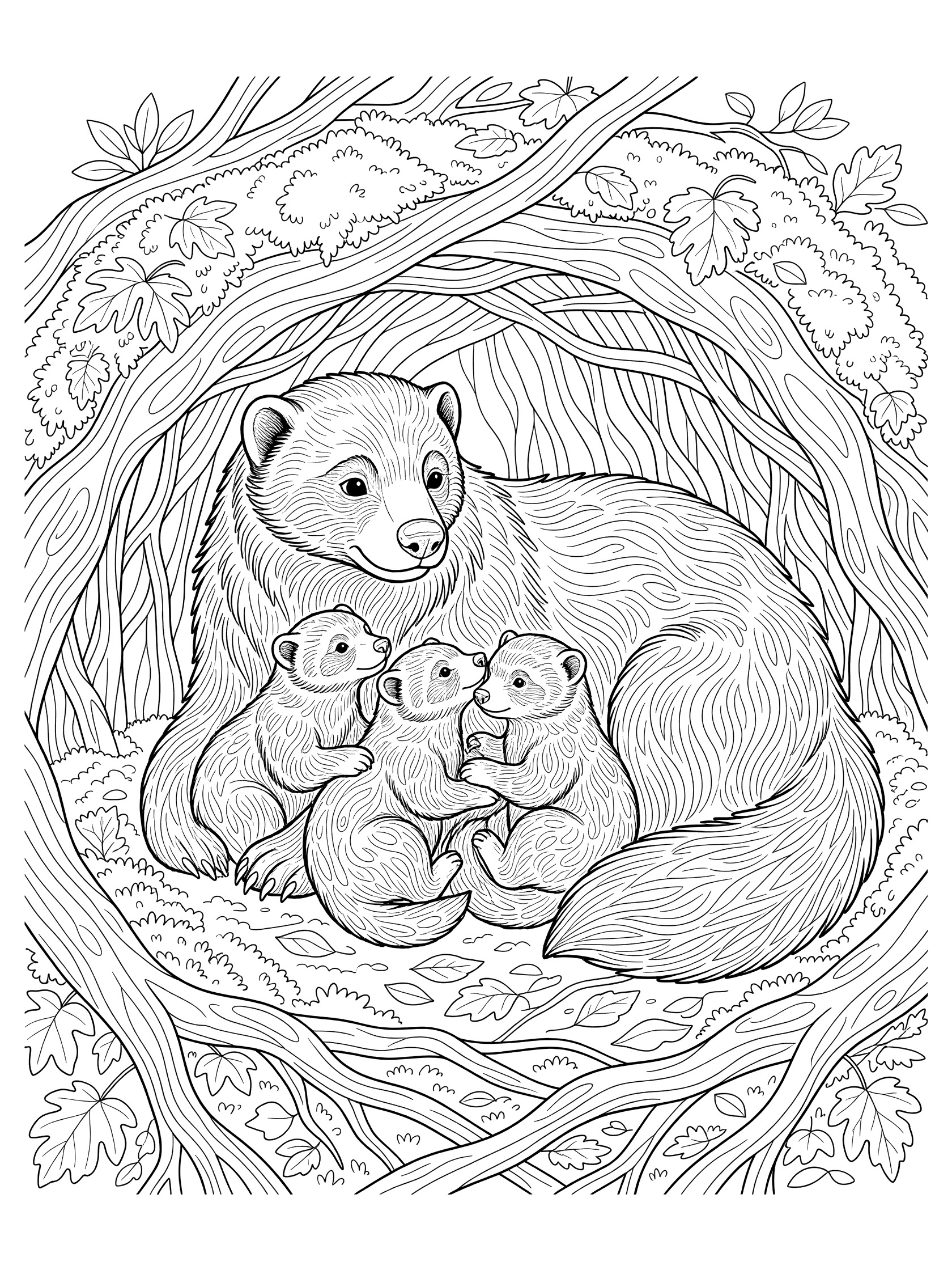 Black and white coloring page of a whimsical wolverine parent cuddling three kits in a detailed forest den with roots, leaves, and fur patterns.