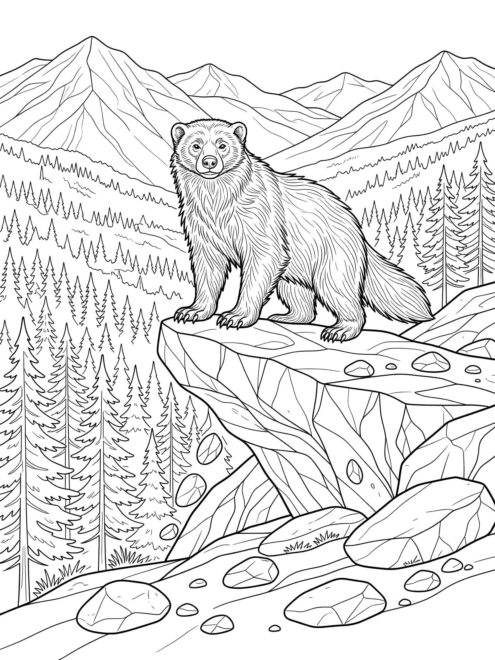 Black and white line art coloring page showing a wolverine on a rocky outcrop overlooking a forest valley and distant mountains.